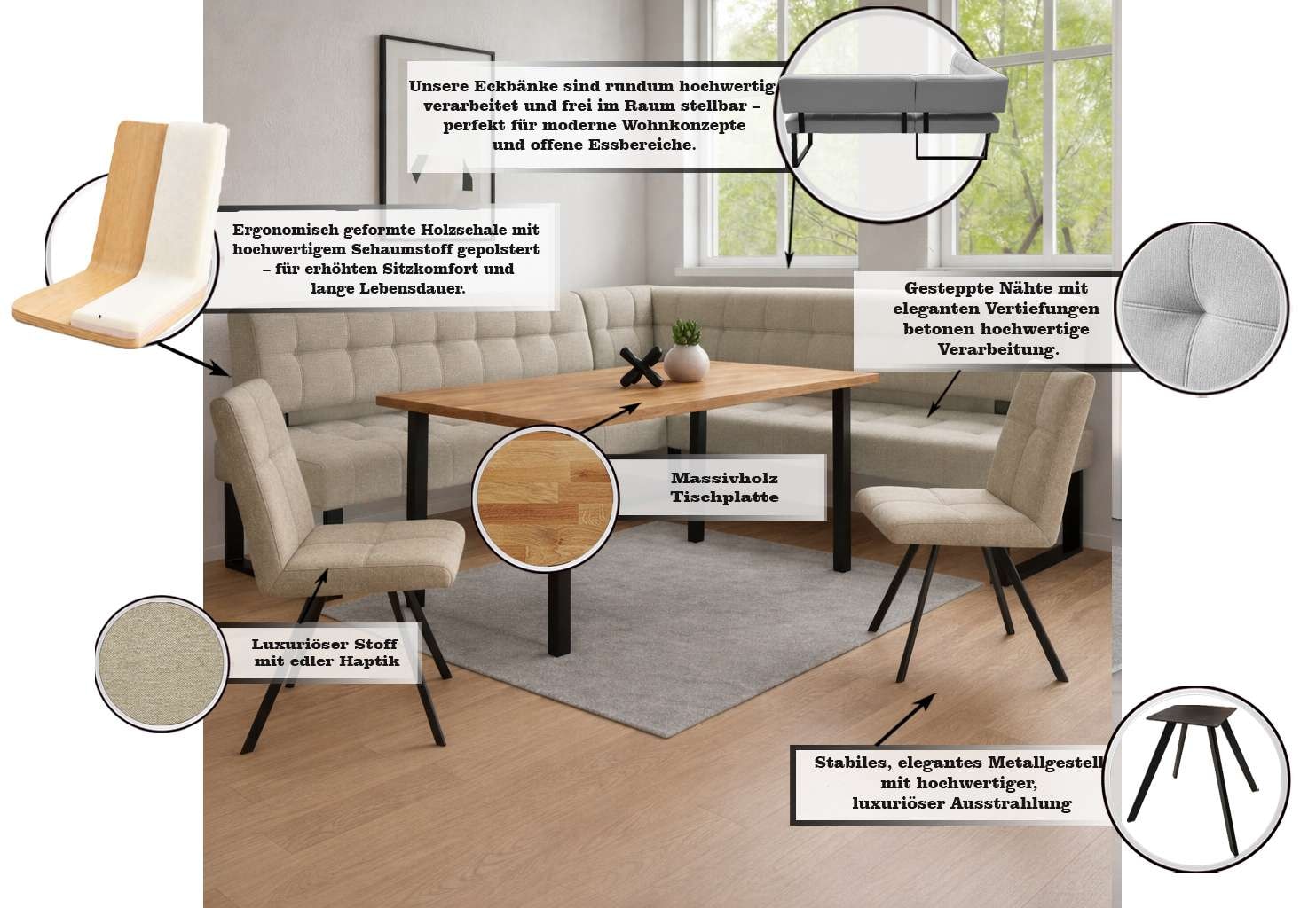 Home affaire Eckbankgruppe »Mia Essecke, Sitzgruppe, Eckbankgruppe, Küchenbankgruppe« Set, 4er, 4 tlg. Eckbank mit Wellenfederung; Tisch in Eiche massiv