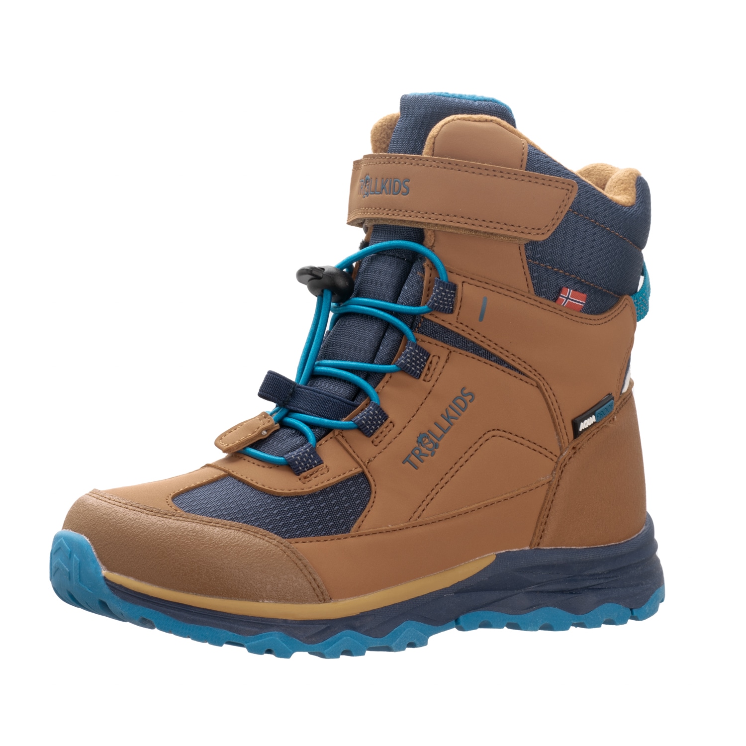 Winterstiefel TROLLKIDS "KIDS HAFJELL WINTER BOOTS XT", Mädchen, Gr. 36, braun (almond, mystic blau), Synthetik, Textil, Schuhe Winterstiefel, Snowboots, Winterstiefel, Winterschuhe, für Kinder, wasserdicht