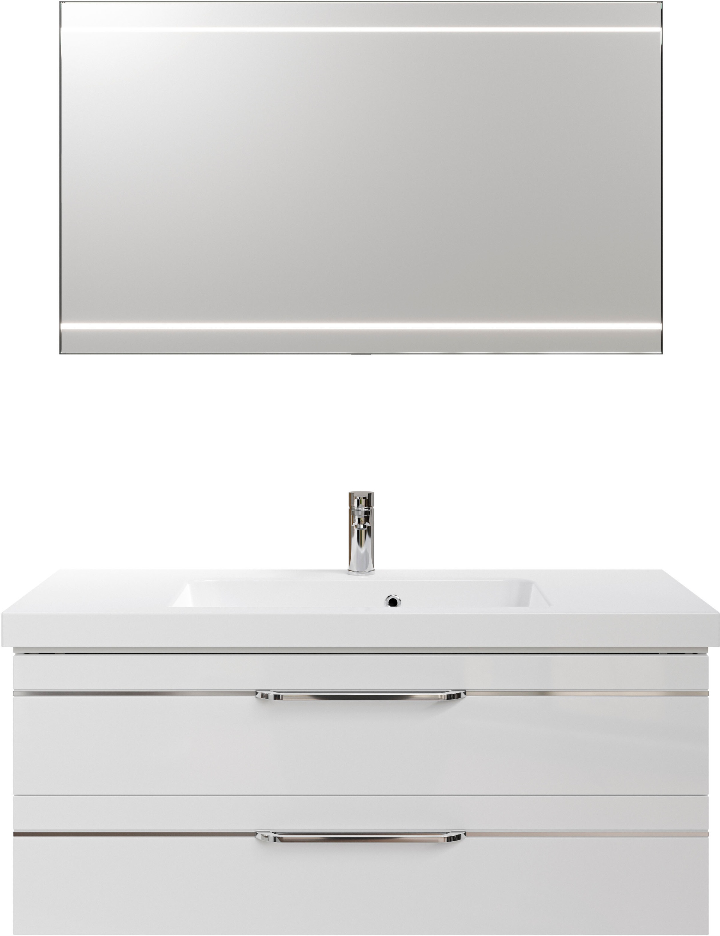 Saphir Badmöbel-Set »Balto 2-teilig Mineralmarmor-Waschtisch mit LED-Spiegel, 123 cm breit«, (2 St.), Waschplatz mit 2 Schubladen, Badschrank inkl. Schubladendämpfer