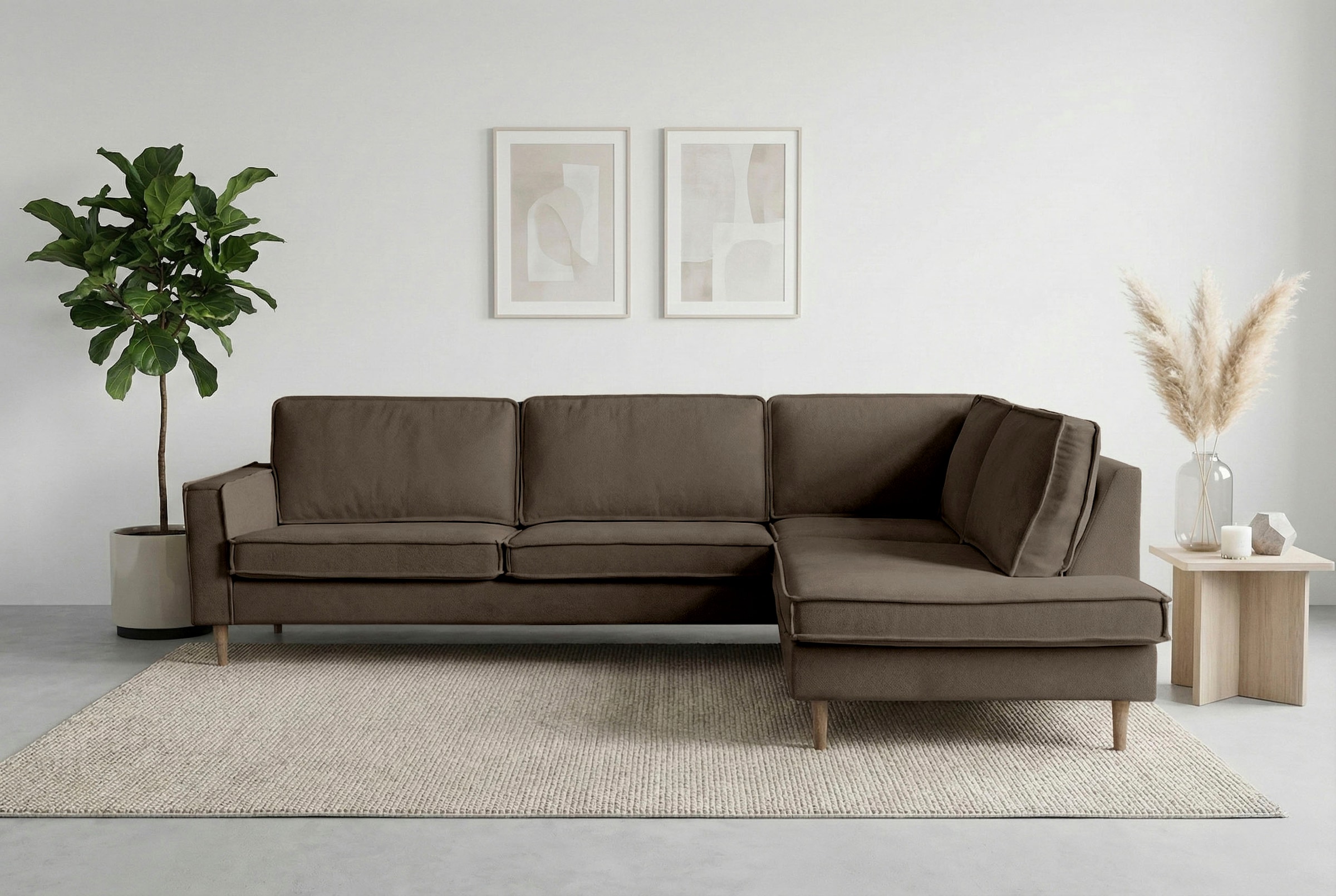 Home affaire Ecksofa »Pinto Skandi, 290 cm, Chenille, Struktur, Ottomane links / rechts« mit Keder, Massivholzfüße Eiche geräuchert, Wellenunterfederung