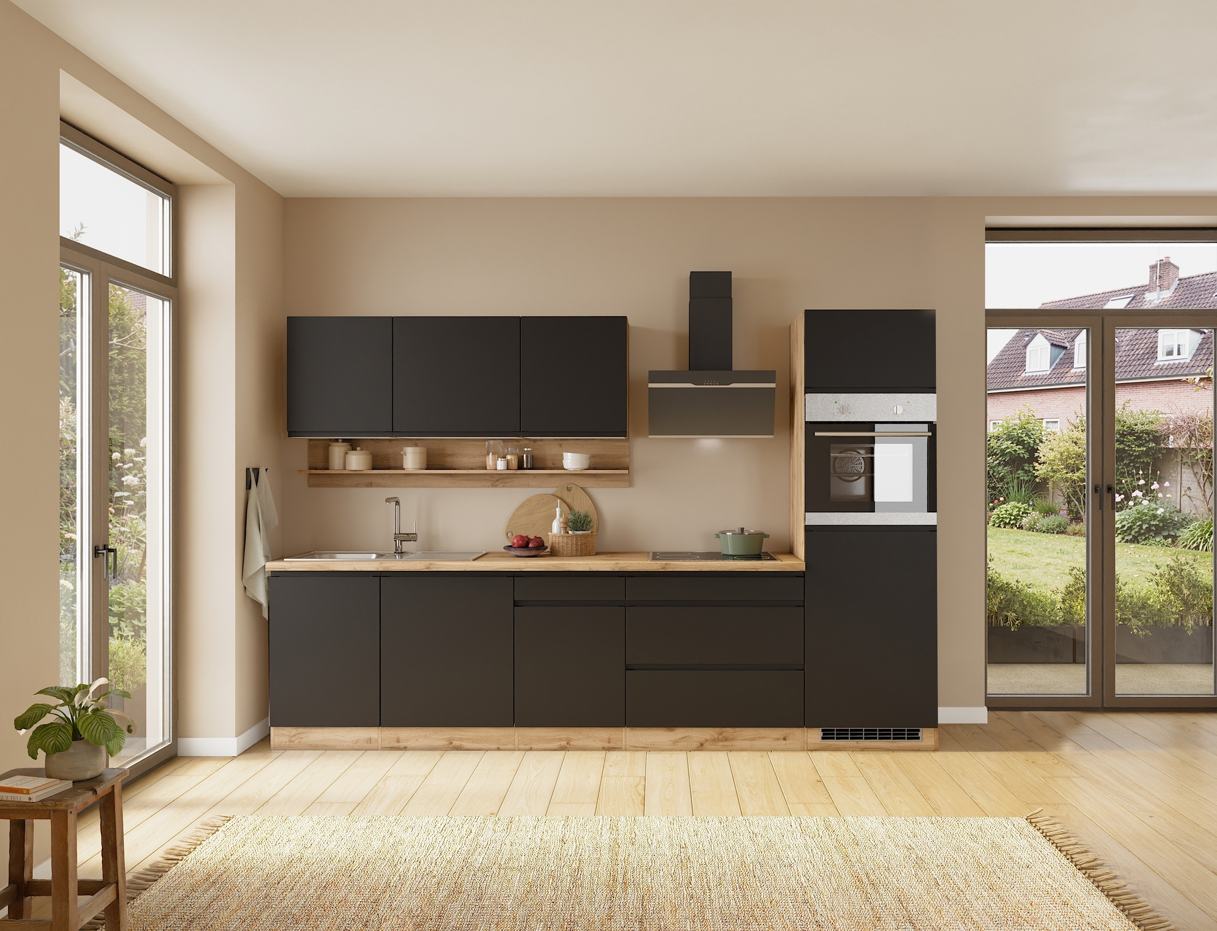 KOCHSTATION Küchenzeile "KS-Virginia,neu in verbesserter Ausführung" Arbeitsplatte 38 mm stark, Stauraum, Softclose, Breite 300 cm, Soft-Close, wahlweise mit E-Geräten