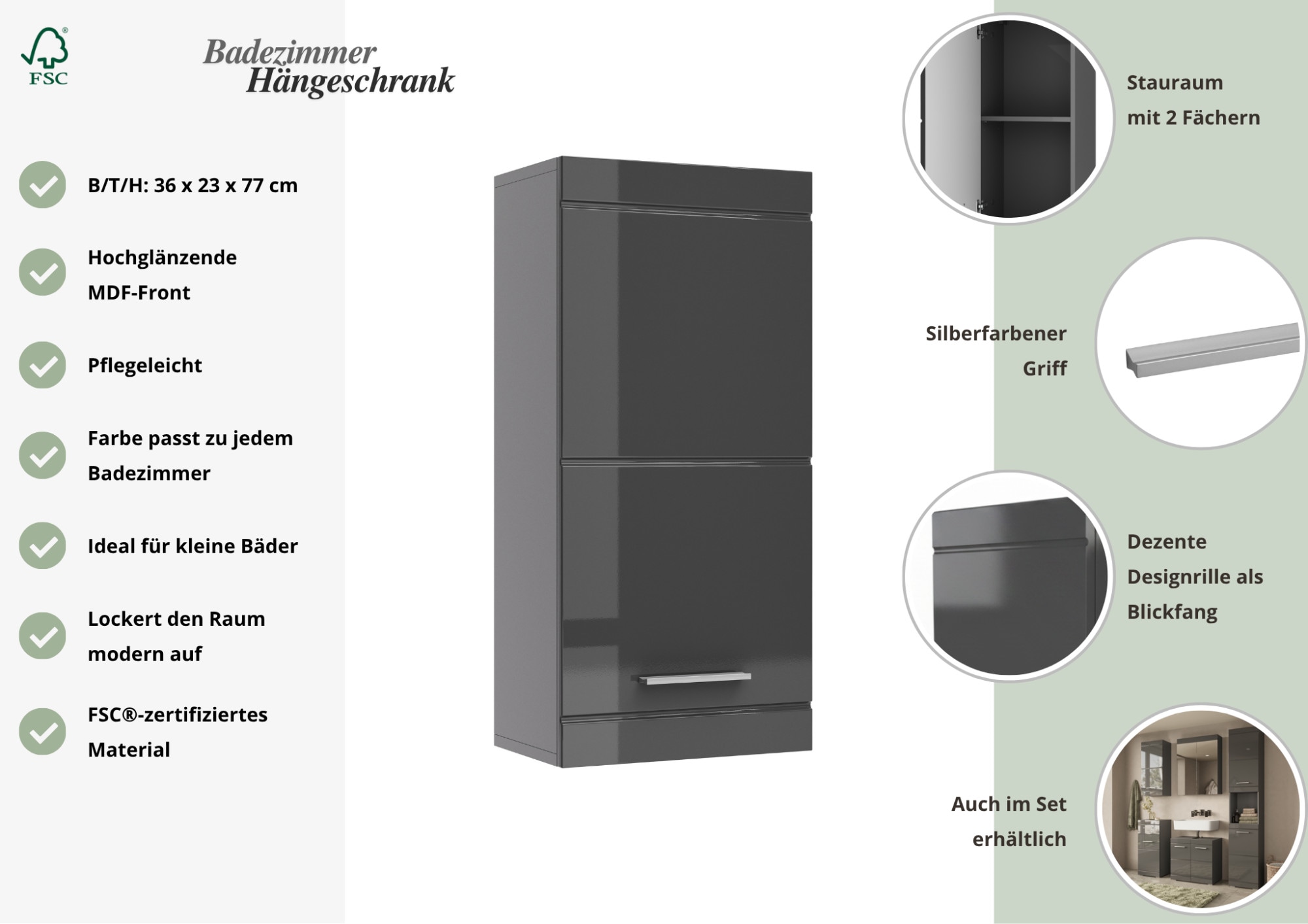 OTTO home Hängeschrank »Föhr, Badschrank, Badezimmerschrank, Badmöbel« Breite 36,4 cm, 1 Tür, minimalistisch, zeitlos, hochglänzend