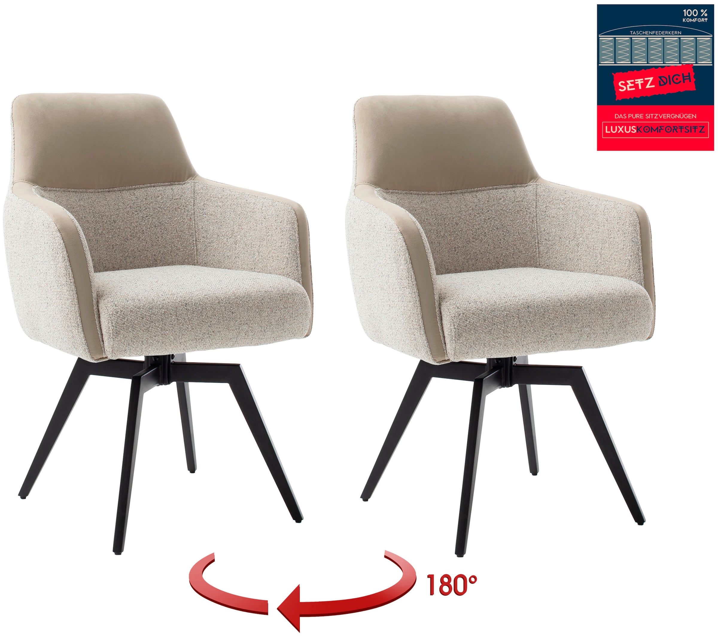 MCA furniture Armlehnstuhl »MILAGRO Esszimmerstuhl (2er Set)«, (Set), 2 St., Strukturstoff, 180° drehbar, Taschenfederkern, Metall, Vintagelook, belastbar 120 kg