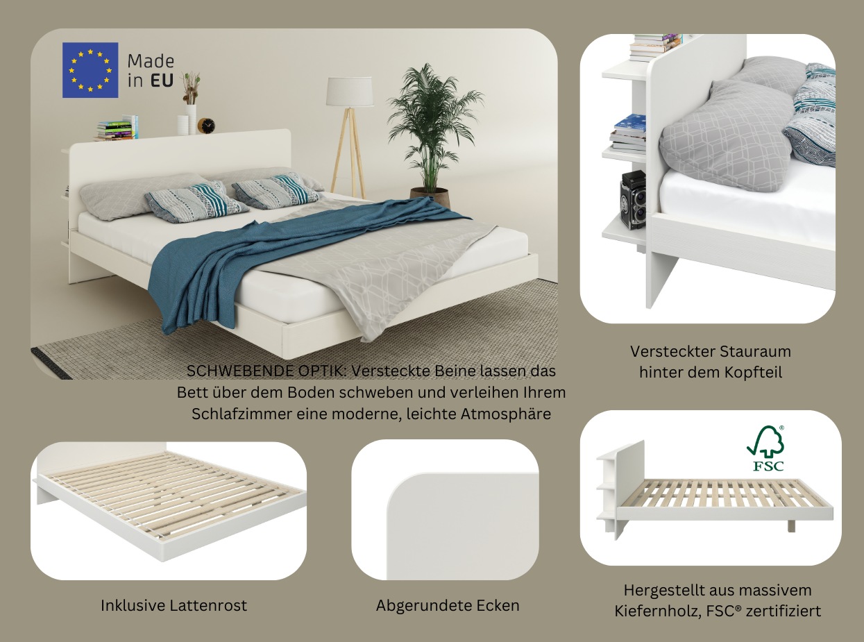 Thumbnail - Home affaire Massivholzbett "Amaliah Schwebebett, versteckte Regale hinter dem Kopfteil," schwebender Effekt, mit Latten...