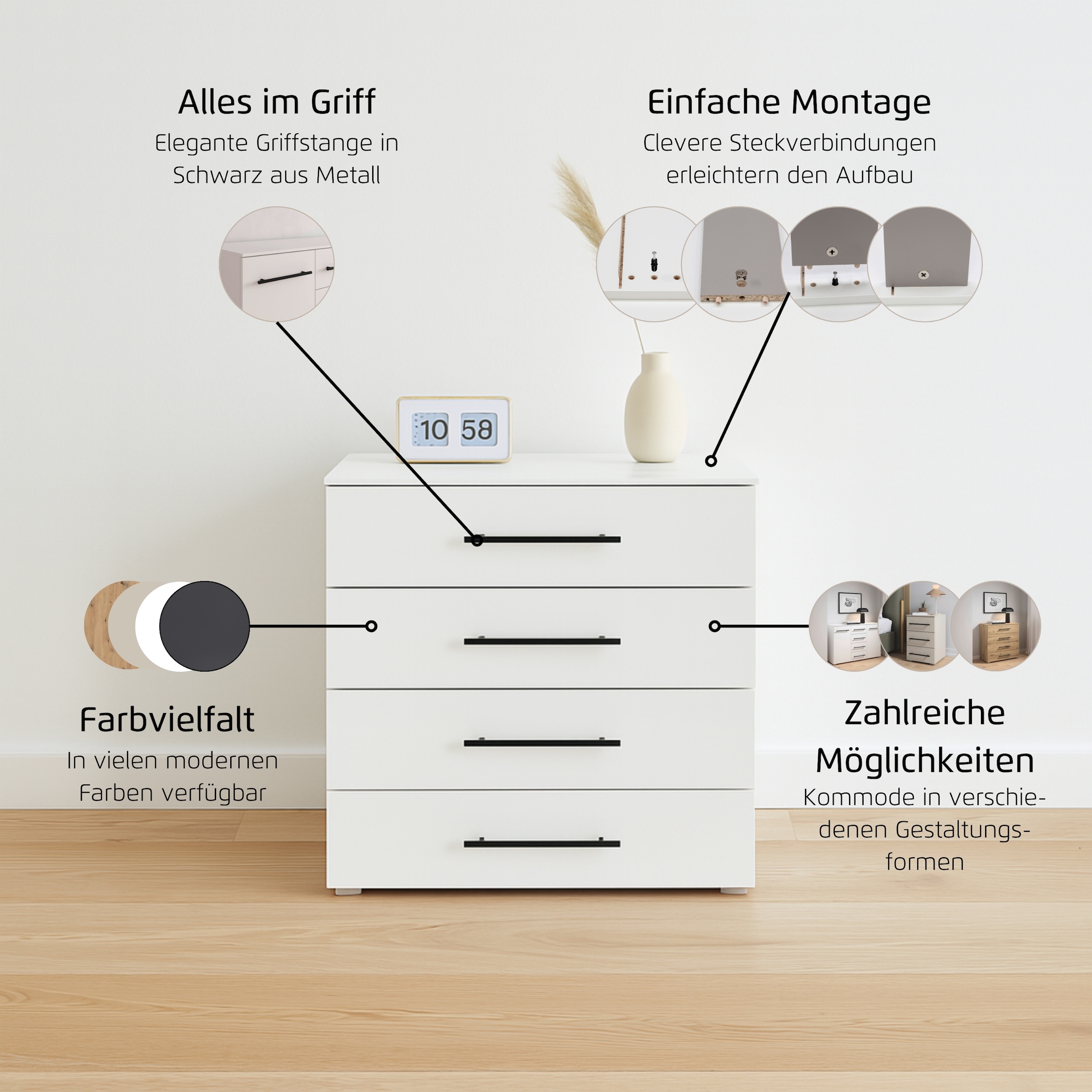 rauch Schubkastenkommode »Avola«, (Breite 80 cm inkl. Soft-Close-Funktion), vier große und geräumige Schubladen mit viel Stauraum MADE IN GERMANY