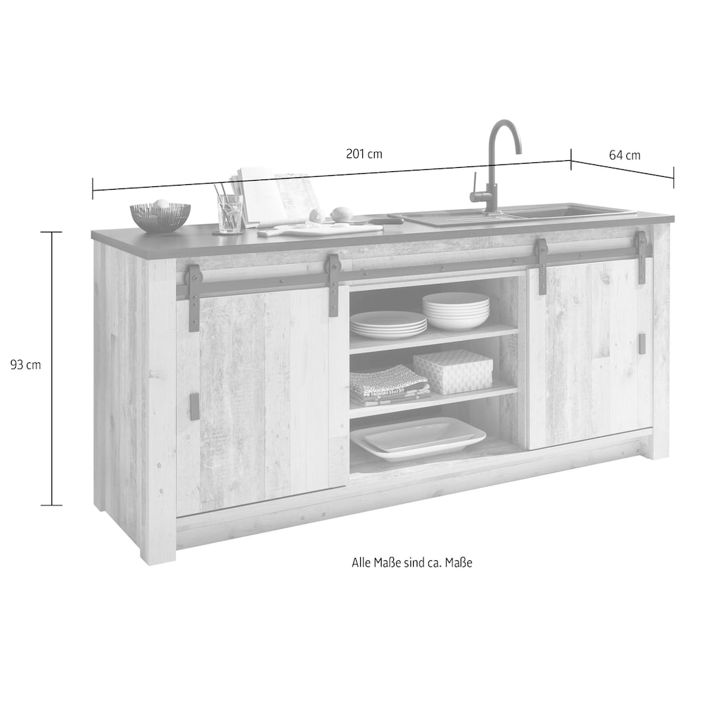 Home affaire Spülenschrank »Sherwood«, Breite 201 cm, mit Scheunentorbeschlag aus Metall