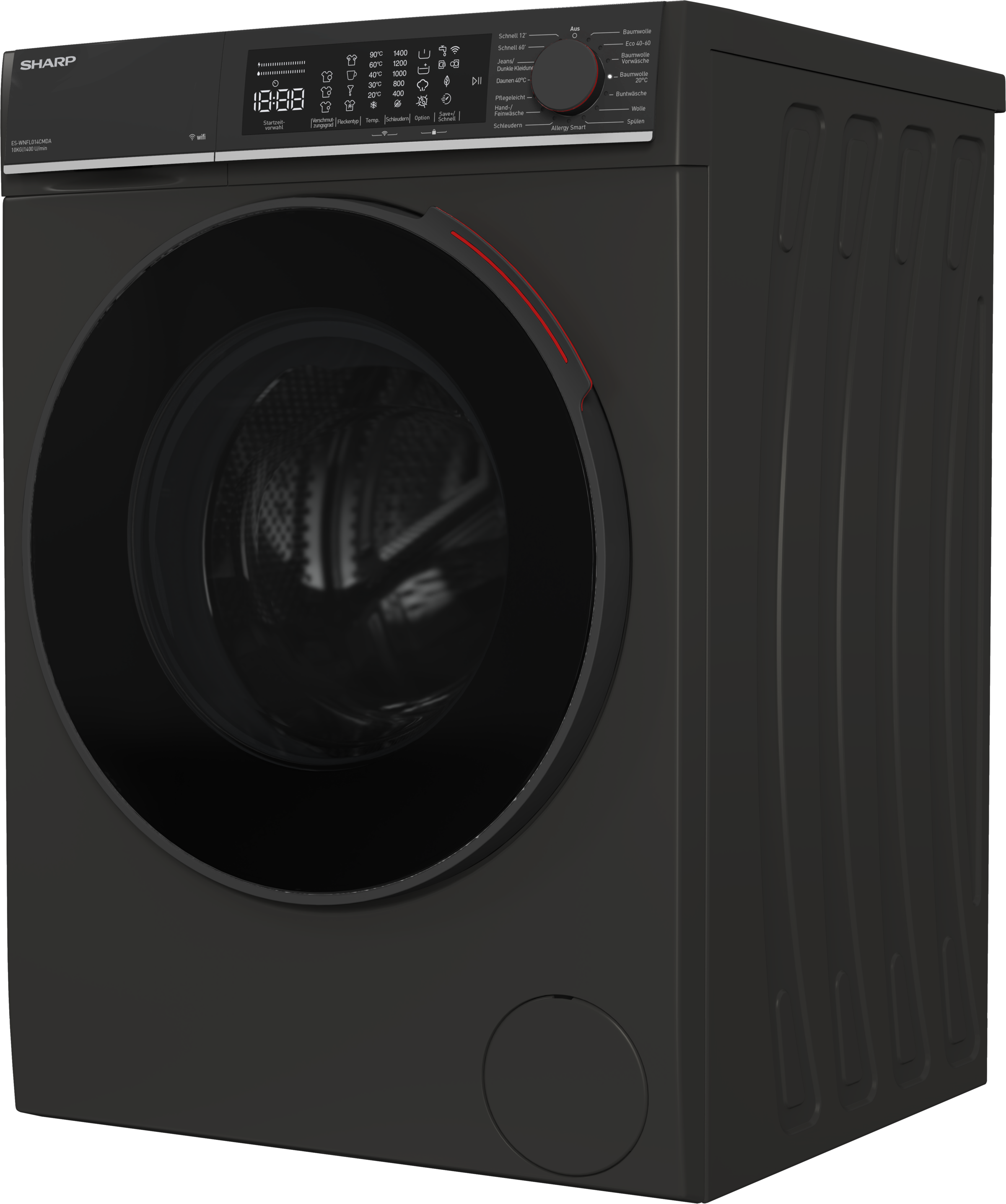 Sharp Waschmaschine High Class »ES-WNFL014CMDA-DE«, 10 kg, 1400 U/min, 10kg / +WIFI / A-20% / Fulltouch/Steam/Mat Black