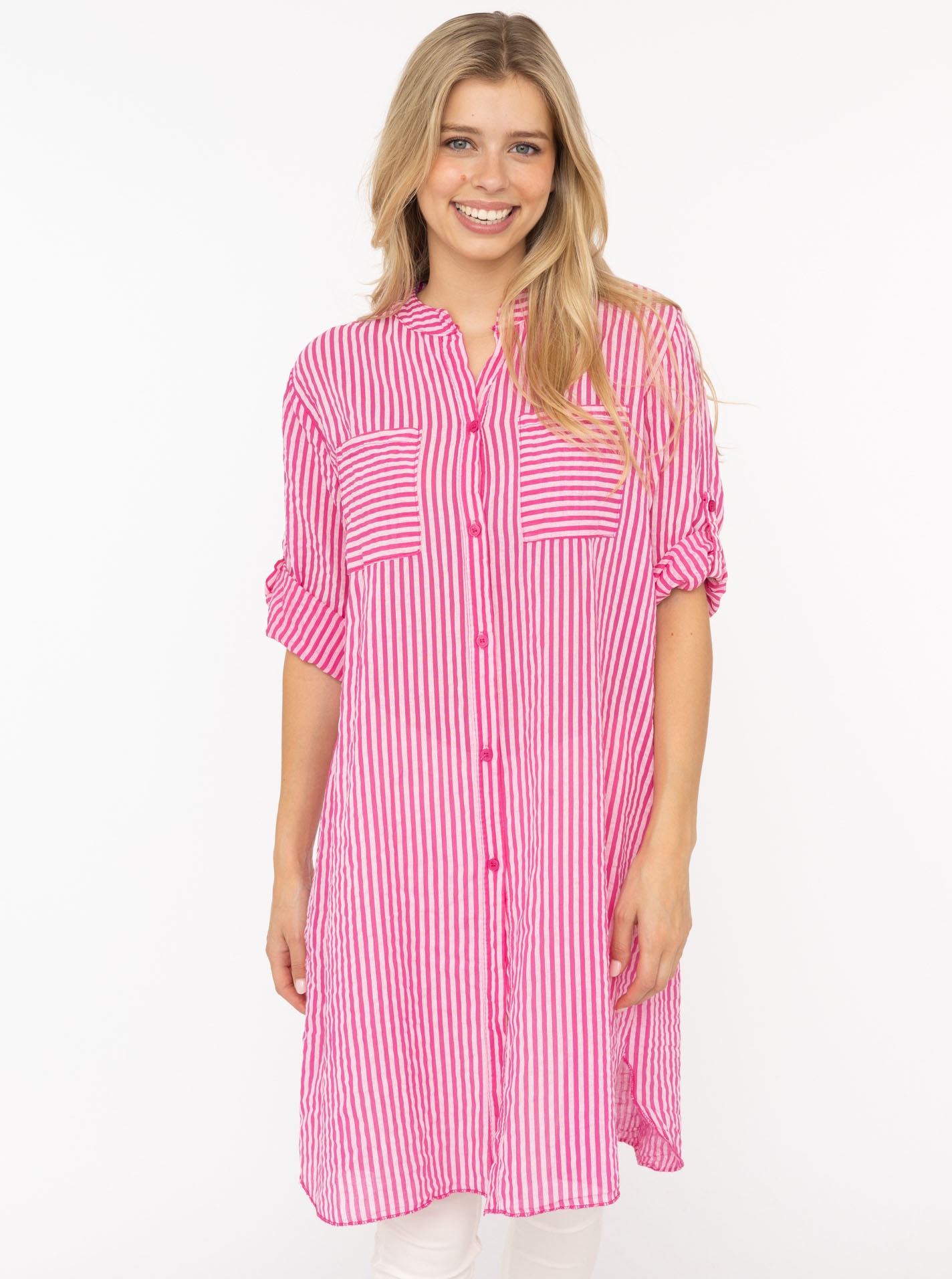 Zwillingsherz Longbluse ""Kida"" One Size, Streifen, Knopfleiste, Brusttaschen, 3/4-Arm