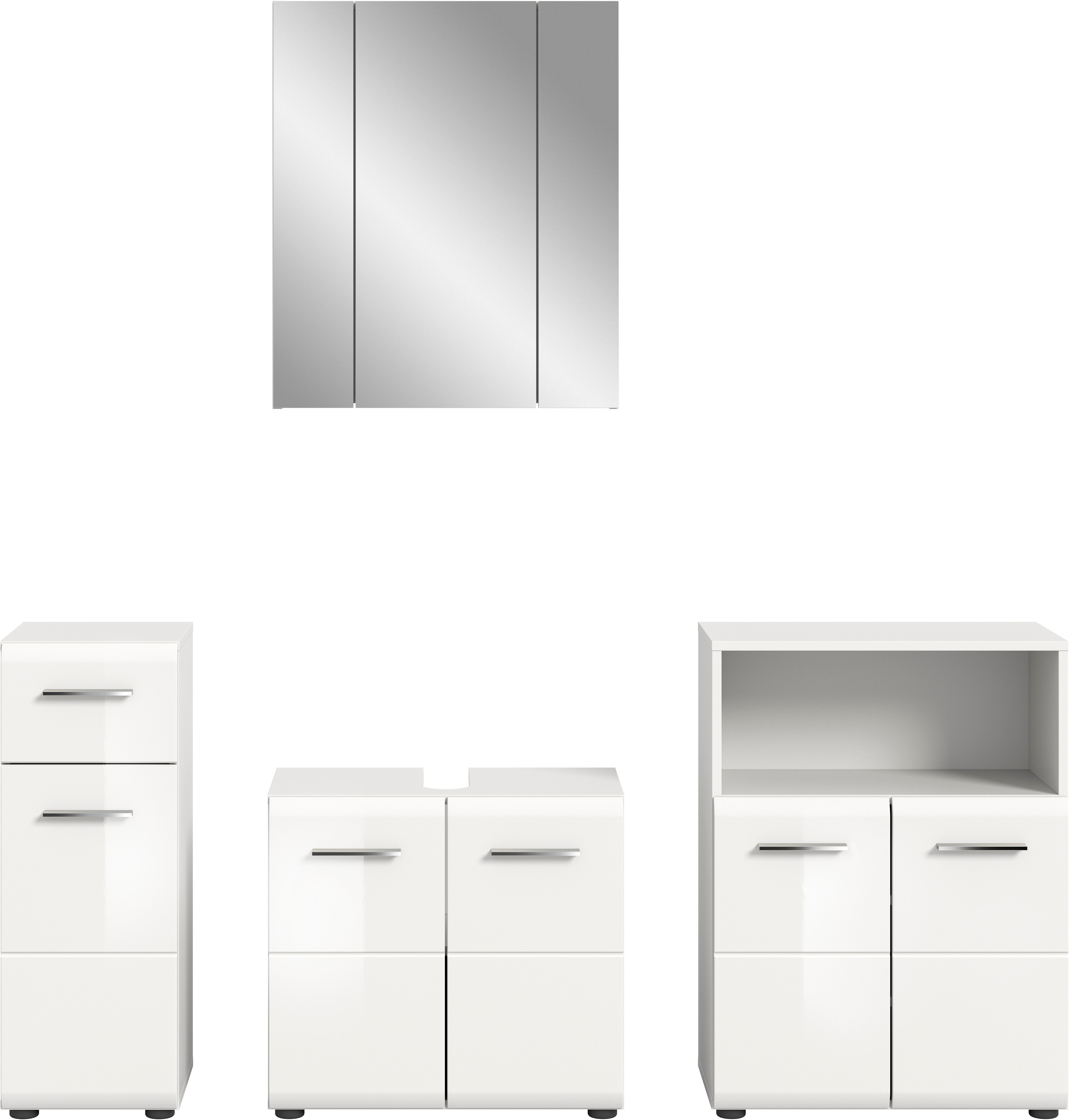 welltime Badmöbel-Set "FLORENZ, 4-teilige Badkombination, hochwertige MDF-Front" Set, Unterschrank, Waschbeckenunterschrank, Spiegelschrank, Midischrank