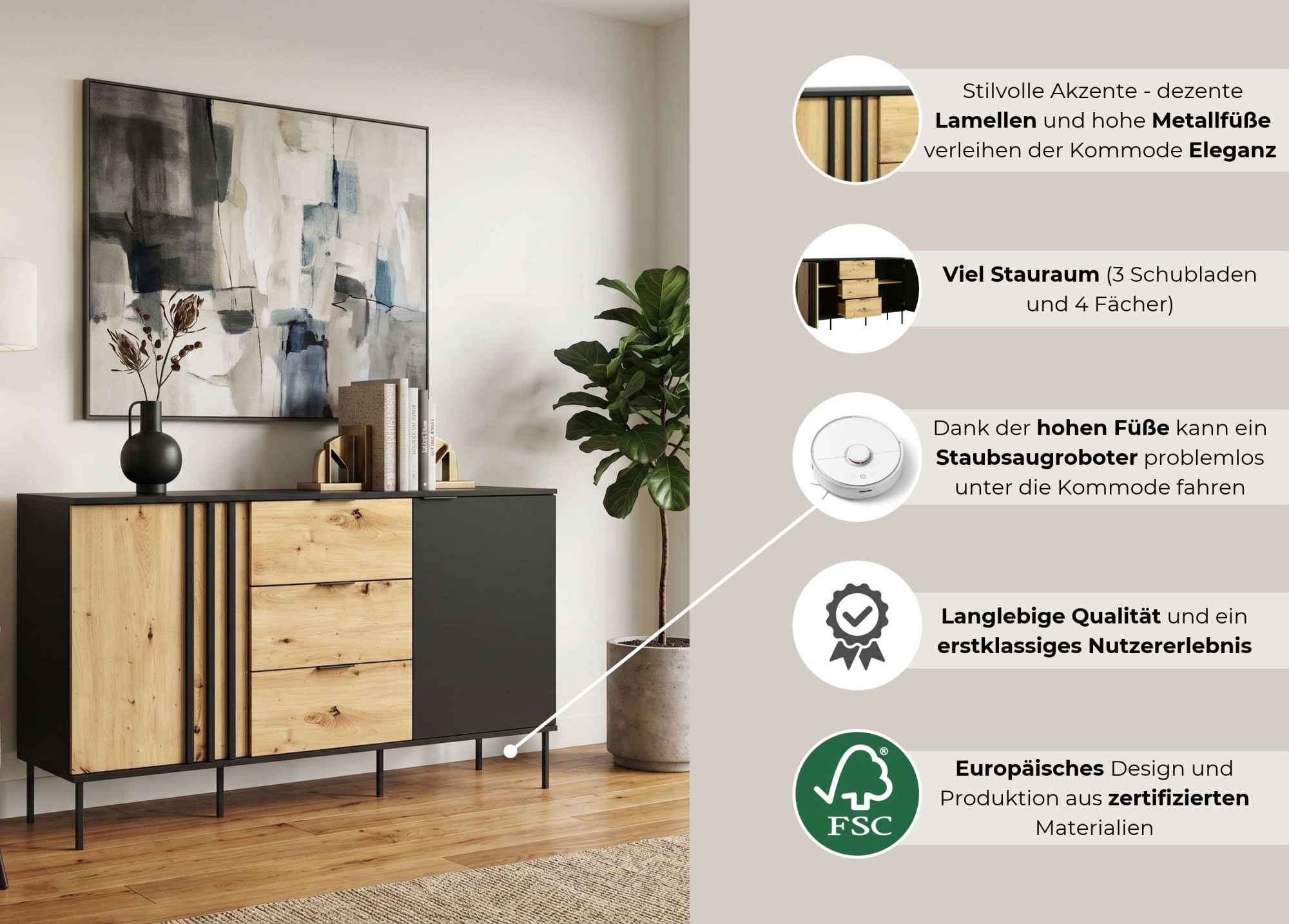 OTTO home Kommode »AELLOR Sideboard mit 3 Schubladen und 2 Türen, viel Stauraum« Schubkastenkommode mit 4 Fächer, modernes Design
