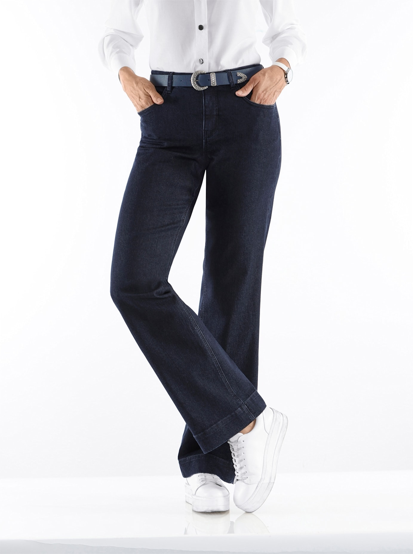 Bequeme Jeans INSPIRATIONEN, Damen, Gr. 42, Normalgrößen, blau (blau stone), 82% Baumwolle, 16% Polyester, 2% Elasthan, unifarben, lang, Jeans