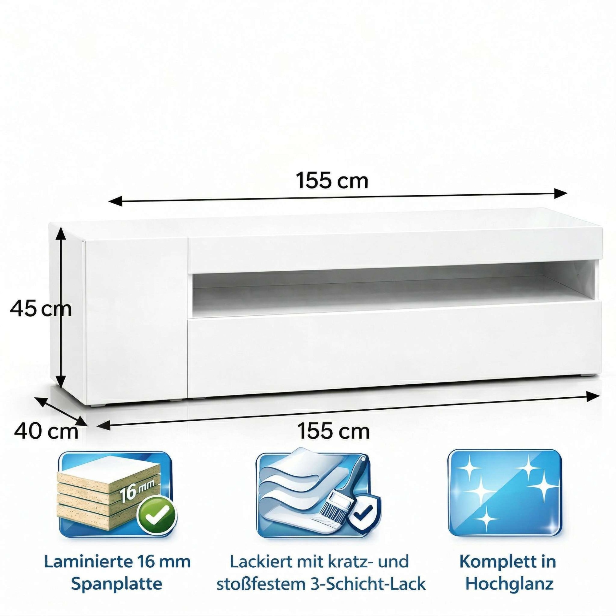 OTTO home Lowboard »LORENZO 1, TV-Board, TV-Kommode, TV-Schrank, TV-Unterschrank, TV-Möbel« Modernes lackiertes Hochglanz TV-Board, grifflos, Breite 155 cm