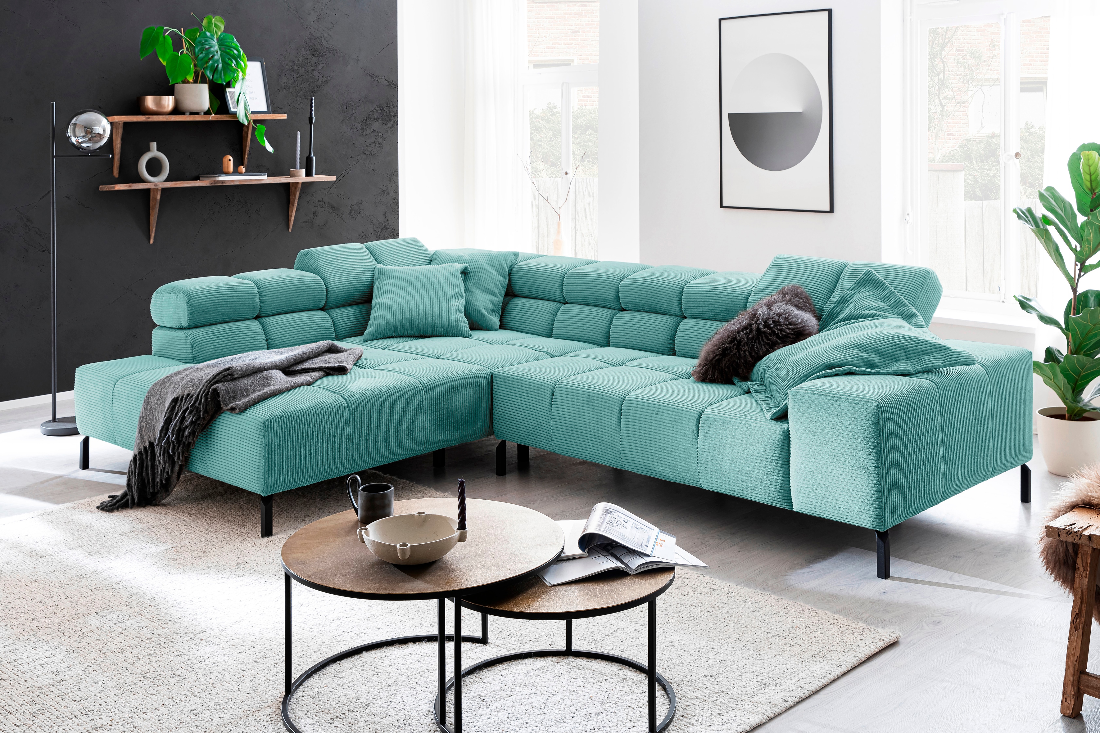 Home affaire Ecksofa "Ancona New, wahlweise motorische Sitztiefenverstellung, auch in Cord" feine Steppung, mit Kopfteilverstellung, 3 Zierkissen, L-Form