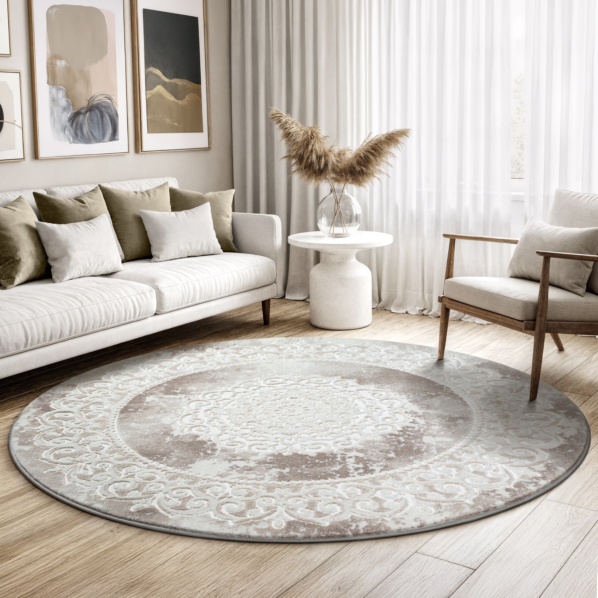 Teppich SANAT "Harmony 3205", beige, H:12mm Ø:150cm, Kunstfaser, Teppiche, Teppich, Wohnzimmer, Orient Optik, Kurzflor, Schlafzimmer, auch als Läufer