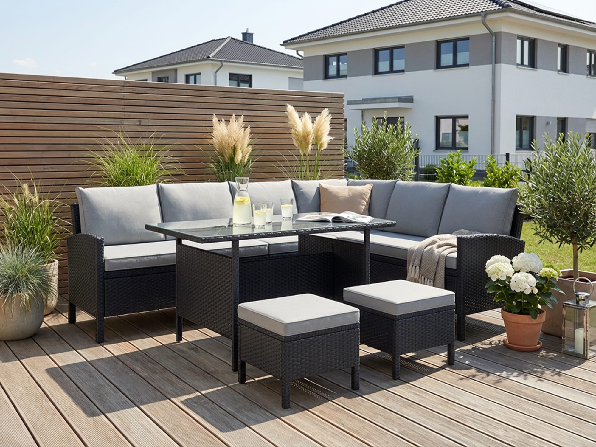 Gartenlounge-Set KONIFERA, B:62cm, schwarz, Stahl, Sitzmöbel-Sets, "Manhatten, Gartenmöbel Set", Stahl/Polyrattan