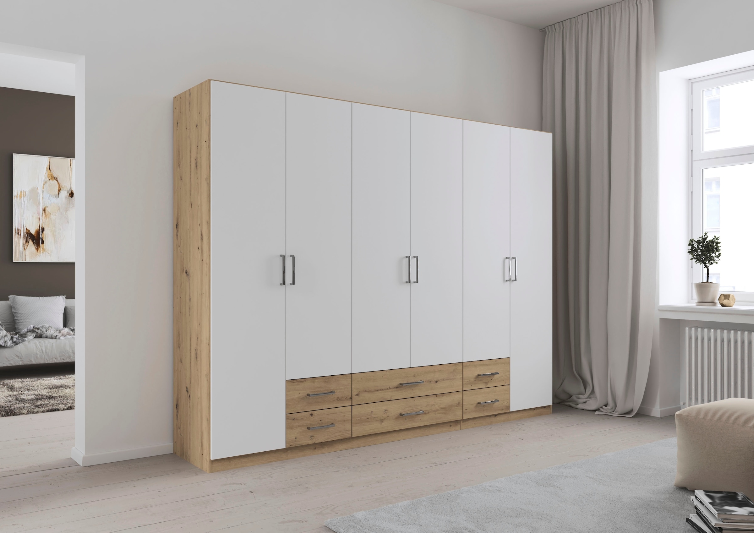 rauch Drehtürenschrank "Kleiderschrank Garderobe GAMMA Breiten 271 cm" in 3 Ausstattungen BASIC/CLASSIC/PREMIUM (inkl. SOFT-CLOSE-Funktion), mit Schubladen, verschiedene Griff-Varianten TOPSELLER MADE IN GERMANY