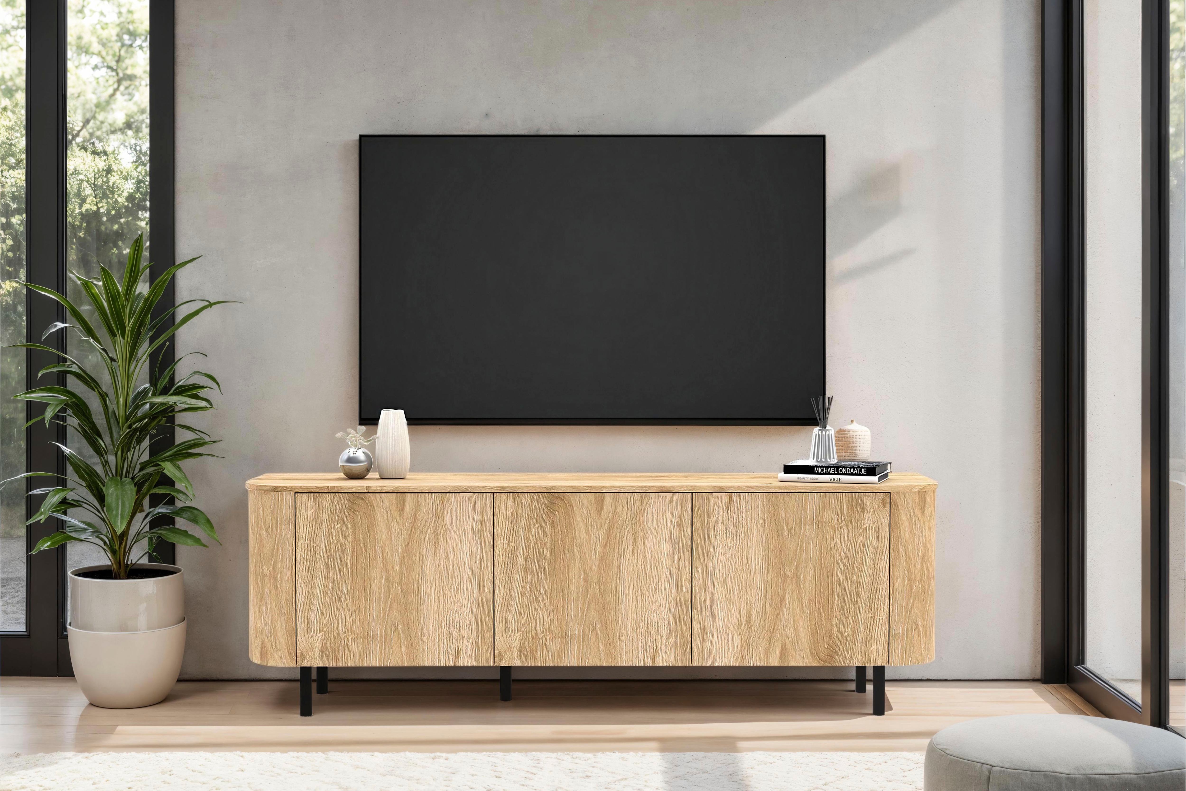 Home affaire Lowboard "Murano, 181 cm breit, 3 Türen, TV-Schrank, TV-Kommode, Medienboard" Formgebogenes MDF, Stirnseiten mit Rundung, Füße und Griffe aus Metall