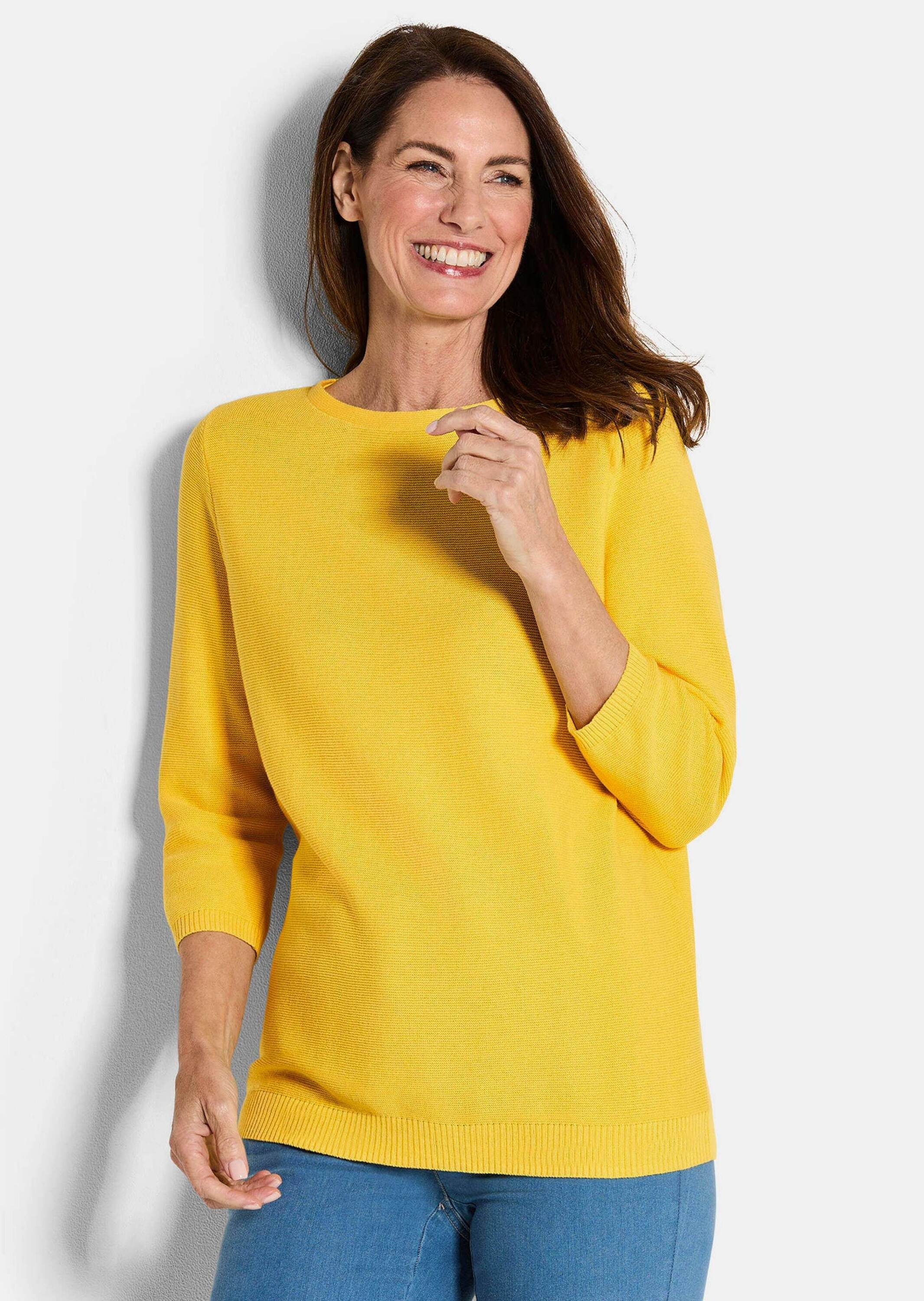 Thumbnail - GOLDNER Rundhalspullover "Kurzgröße Eleganter Baumwollpullover, Halbarm" U-Boot-Ausschnitt