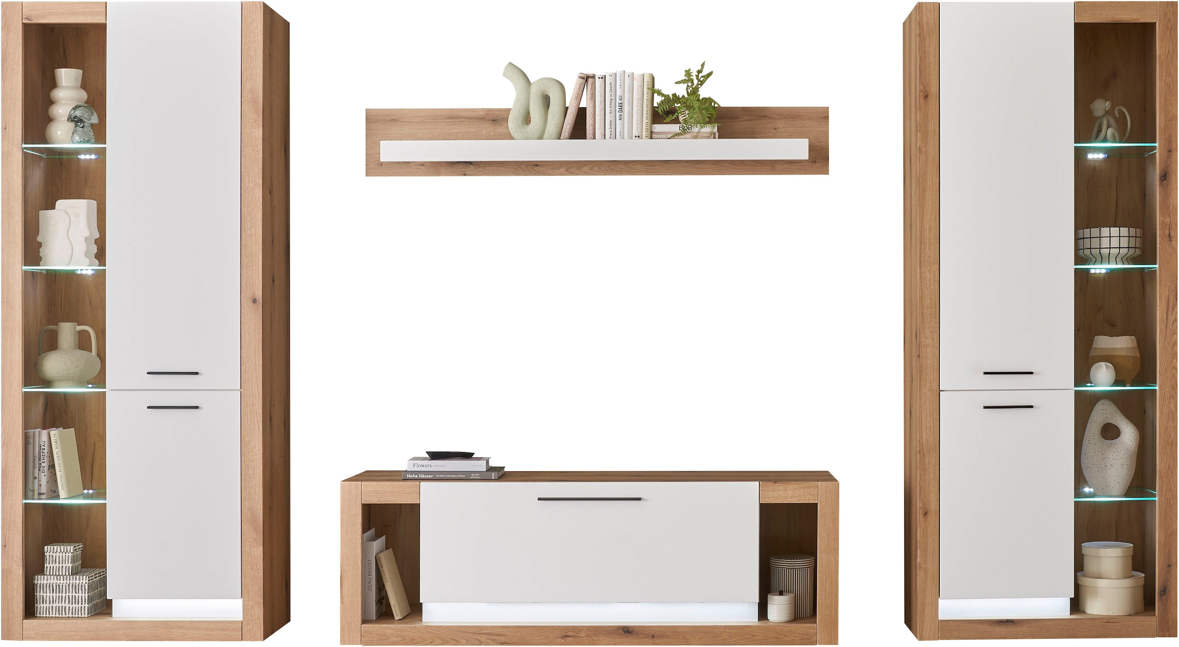 INOSIGN Wohnwand »Brixen, moderne Anbauwand, Wohnzimmer-Set, Eiche Evoke Dekor mit Weiß«, (Set, 4 St.), enthält Stauraumelemente, Lowboard und Wandboard