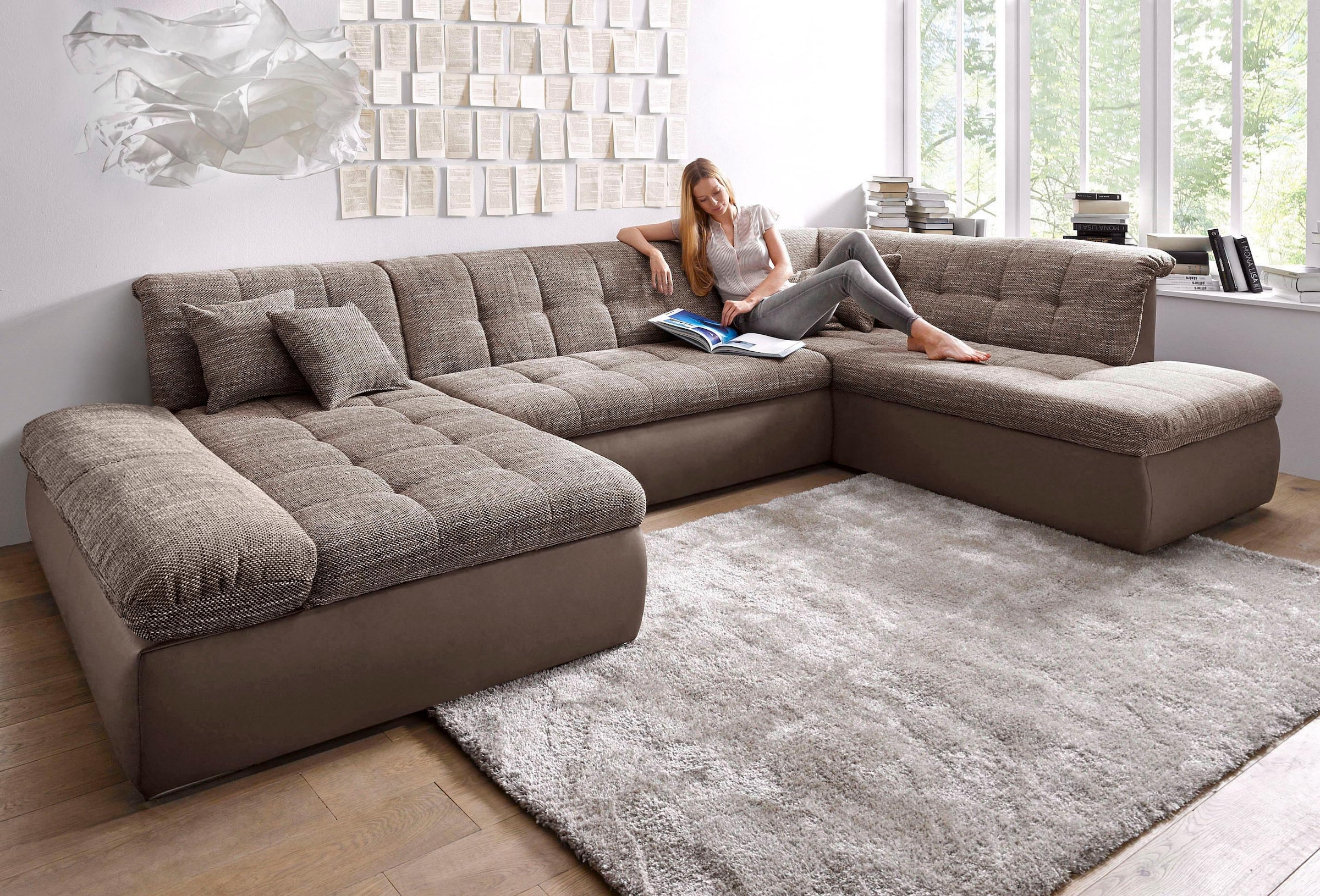 DOMO collection Wohnlandschaft "MORIC 353x216x80 cm, mit viel Platz, U-Form, auch in Cord" im XXL-Format, wahlweise mit Bettfunktion und Armlehnenverstellung