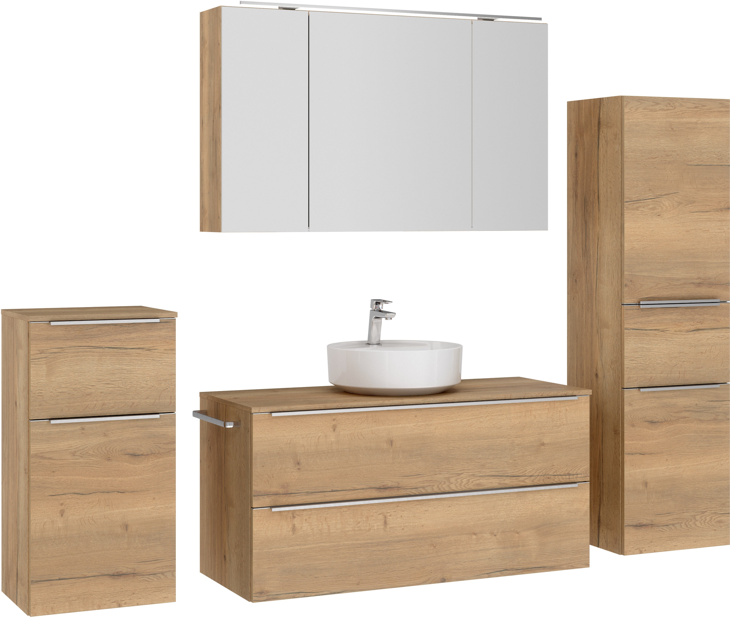 nobilia® Badmöbel-Set »Alvene«, (4 St., vormontiert, mit Soft-Close), inkl. Spiegelschrank mit Beleuchtung und Dimmerfunktion, in 4 Breiten