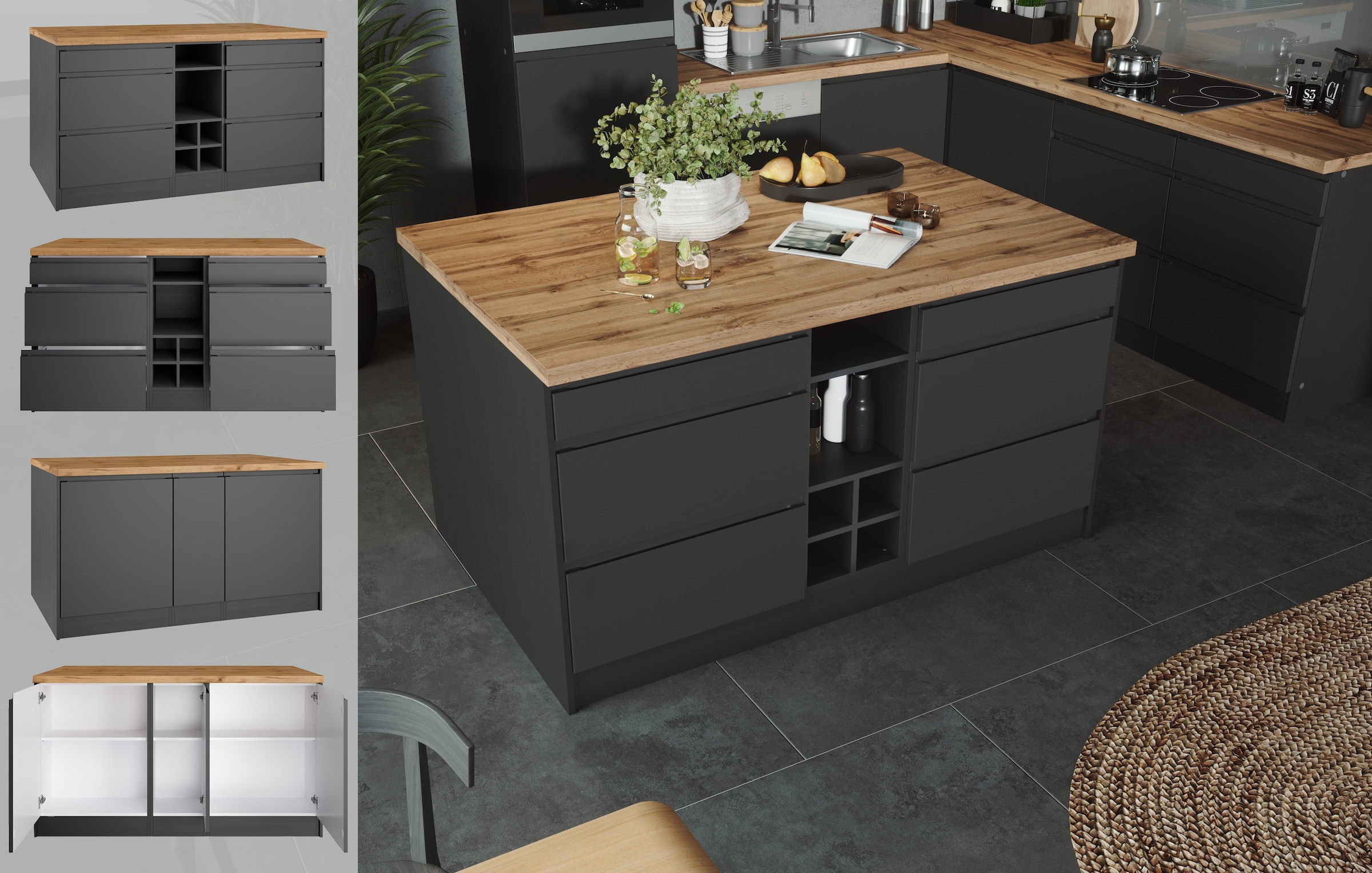 KOCHSTATION Kücheninsel »KS-Bruneck, Breite 153 cm«, MDF-Fronten, Arbeitsplatte 38mm stark