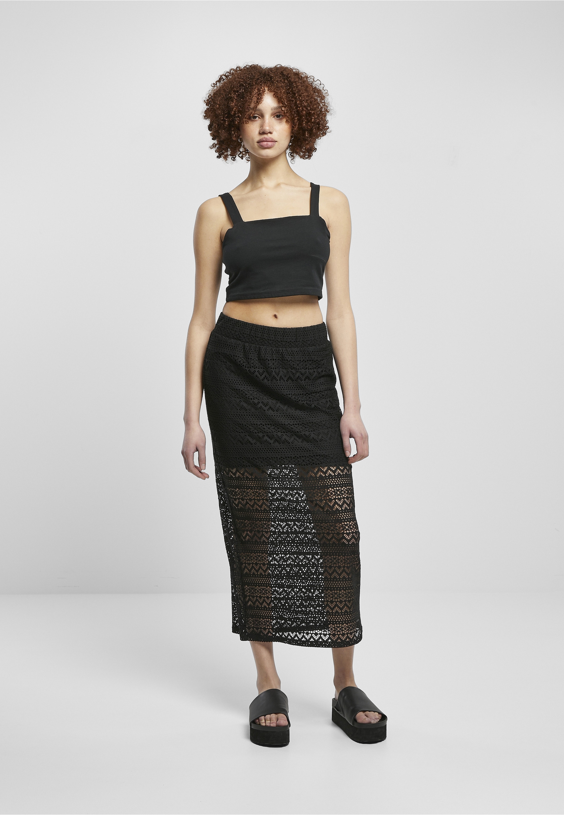 URBAN CLASSICS Jerseyrock »Urban Classics Damen Ladies Stretch Crochet Lace Midi Skirt« 1 Stk.