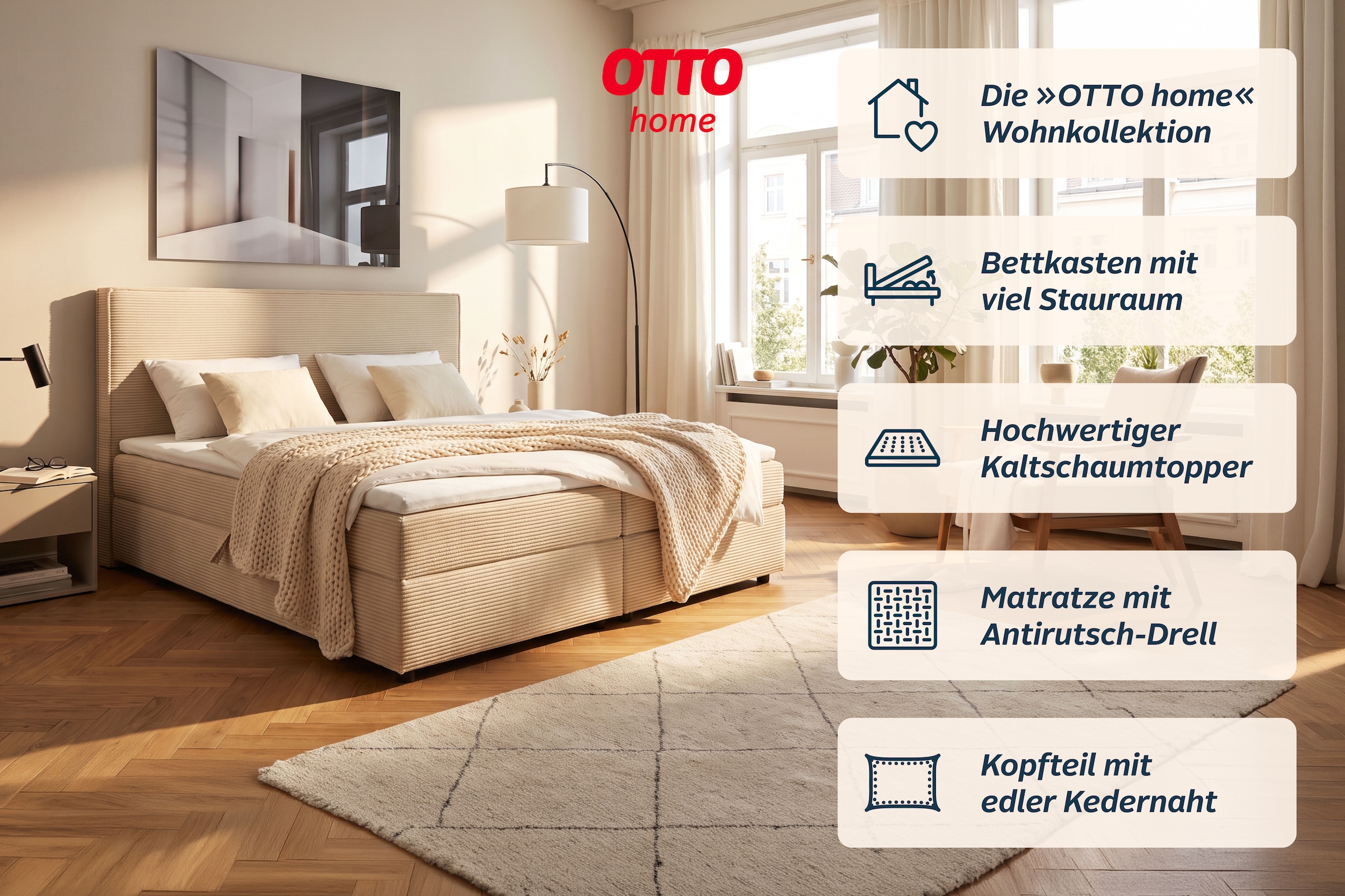 OTTO home Boxbett »ELIAAS, Polsterbett mit Bettkasten, inkl. Taschenfederkernmatratze H3« mit Kaltschaumtopper, Cord-Bezug mit eleganter Kedernaht, 180x200 cm,