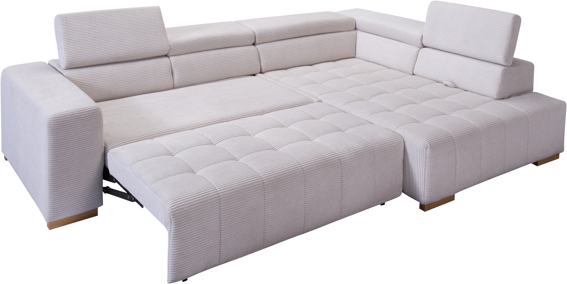 exxpo - sofa fashion Ecksofa »Elianos, hoher Sitzkomfort, aufwendige Kreuzsteppung im Sitz, L-Form«, Kopfteile & Sitztiefe verstellbar, mit Bettfunktion, Cord, beige