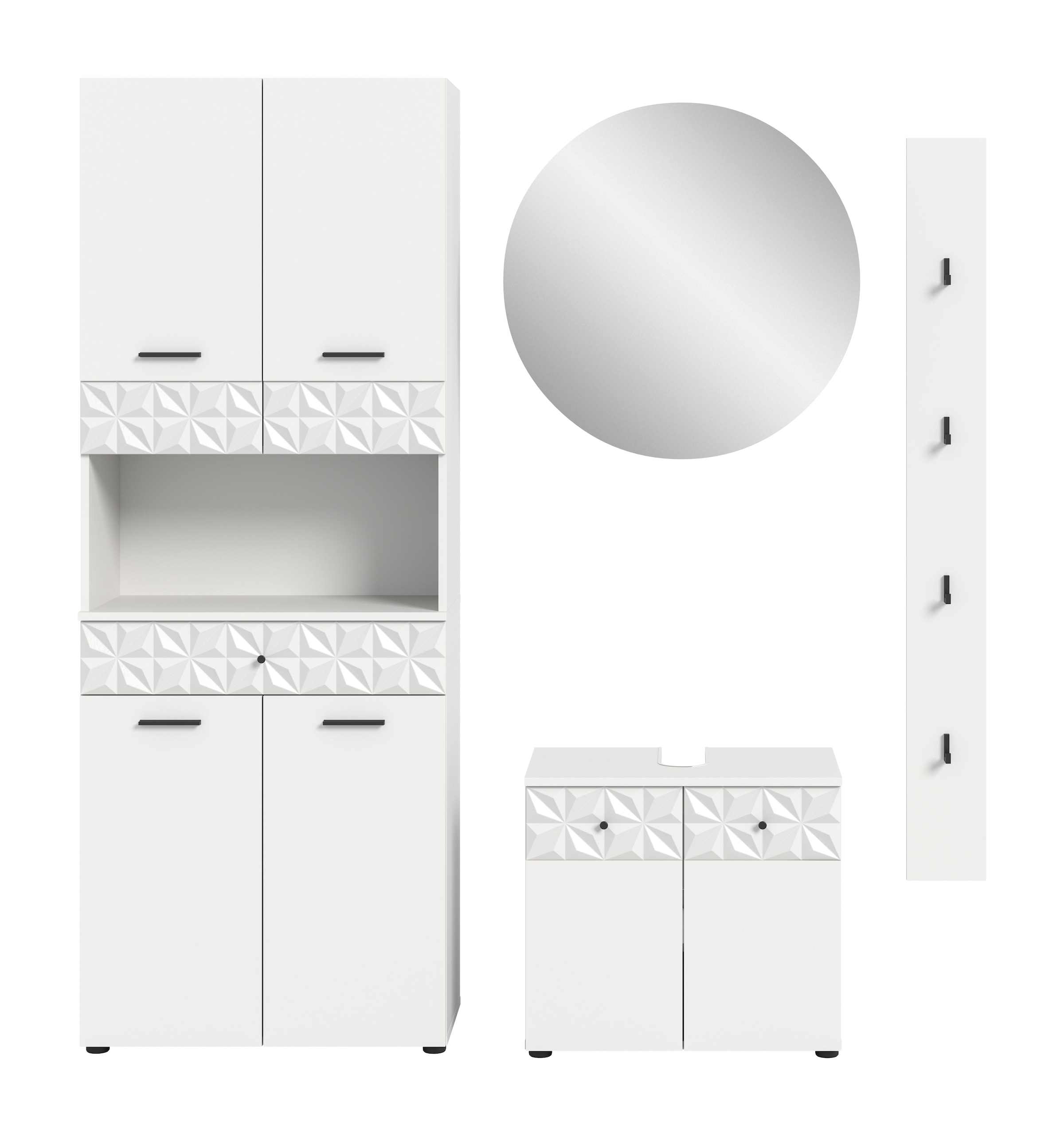 INOSIGN Badezimmer-Set »VICENZA, TOPSELLER!, Breite 176cm, 4-teilig, mit Ornamentabsetzung«, (Hochschrank, Waschbeckenunterschrank, Spiegelschrank und Hakenleiste), Hochschrank, Waschbeckenunterschrank, Spiegelschrank und Hakenleiste
