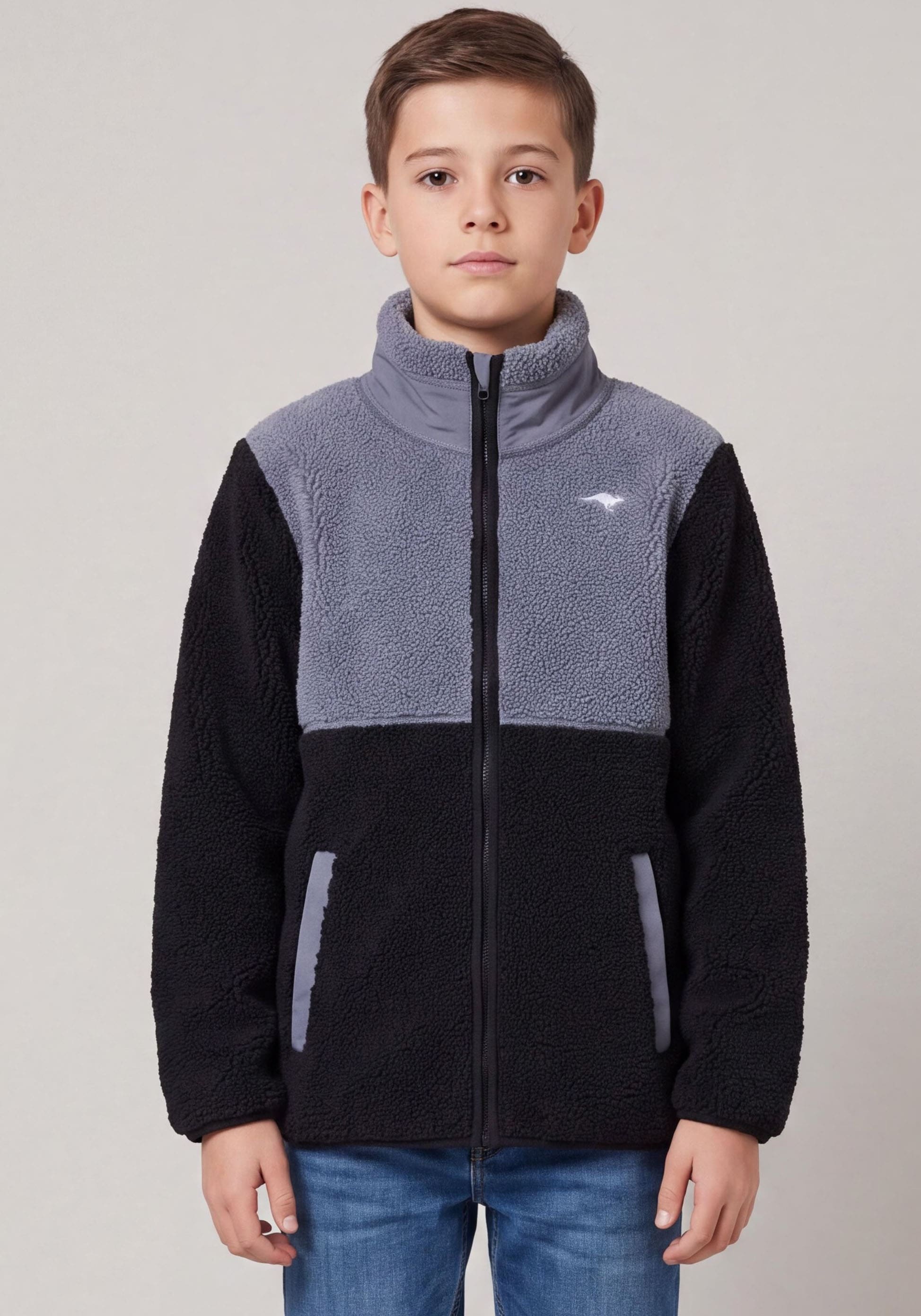 KangaROOS Sweatjacke "Teddy-Fleecejacke mit kontrastfarbigen Einsatz und KangaROOS Stickerei" Colorblocking Teddy-Fleecejacke mit Stehkragen
