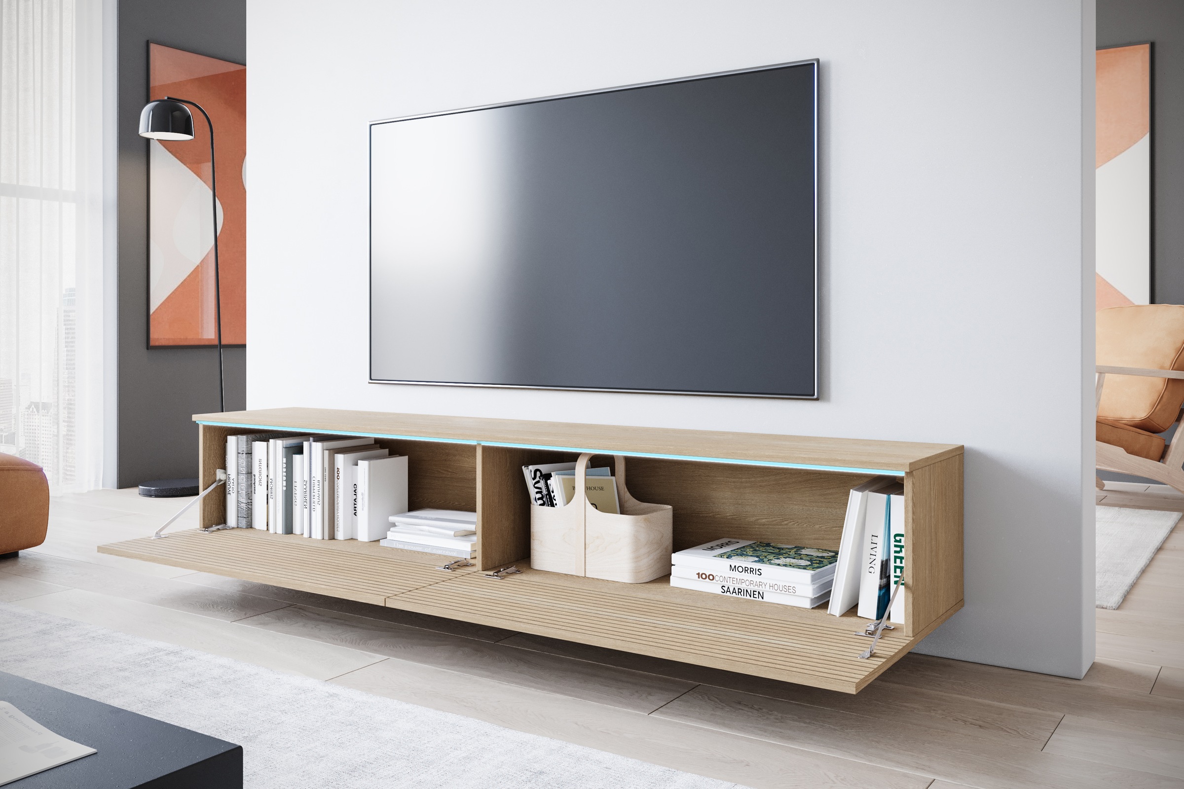 INOSIGN Lowboard »LOWBOARD VERA, wahlweise mit oder ohne Beleuchtung«, Modernes griffloses TV-Board, 180 cm TV-Schrank, stehend und hängend