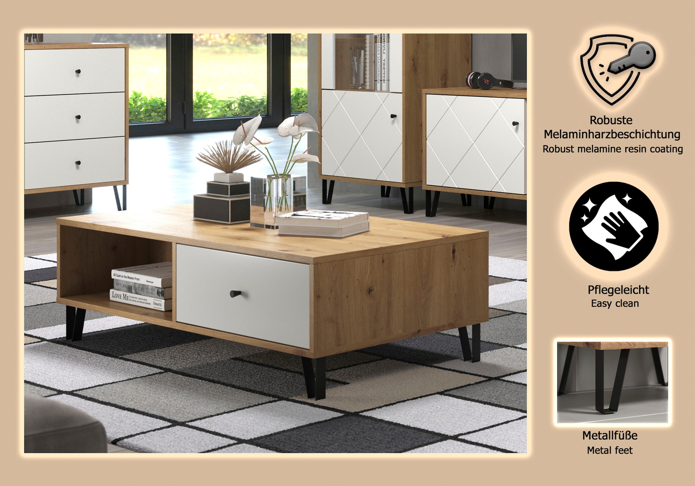 Places of Style Couchtisch »Tarragona«, Couchtisch m. 2 Schub.K, 2 Fächern & Soft-Close - (B/T/H) 110/60/37 cm