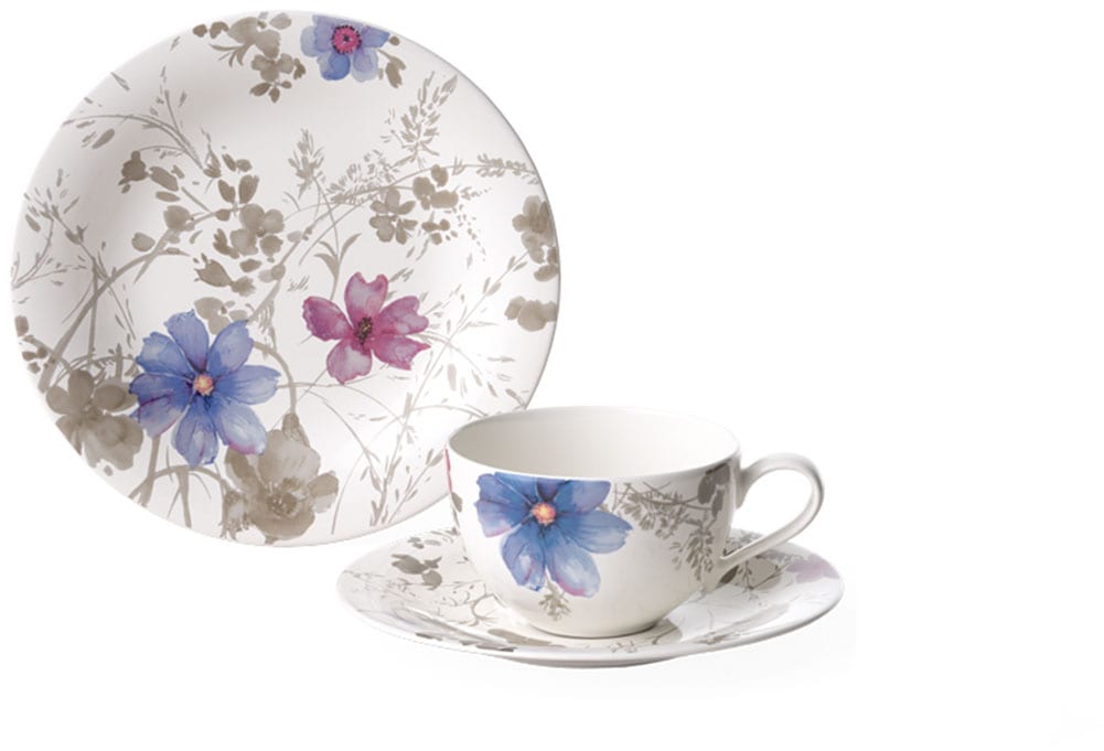 Villeroy & Boch Kaffeeservice "Mariefleur Gris Basic", (Set, 18 tlg., 6x Kaffeetasse 250ml, 6x Untertasse 16cm, 6x Frühs