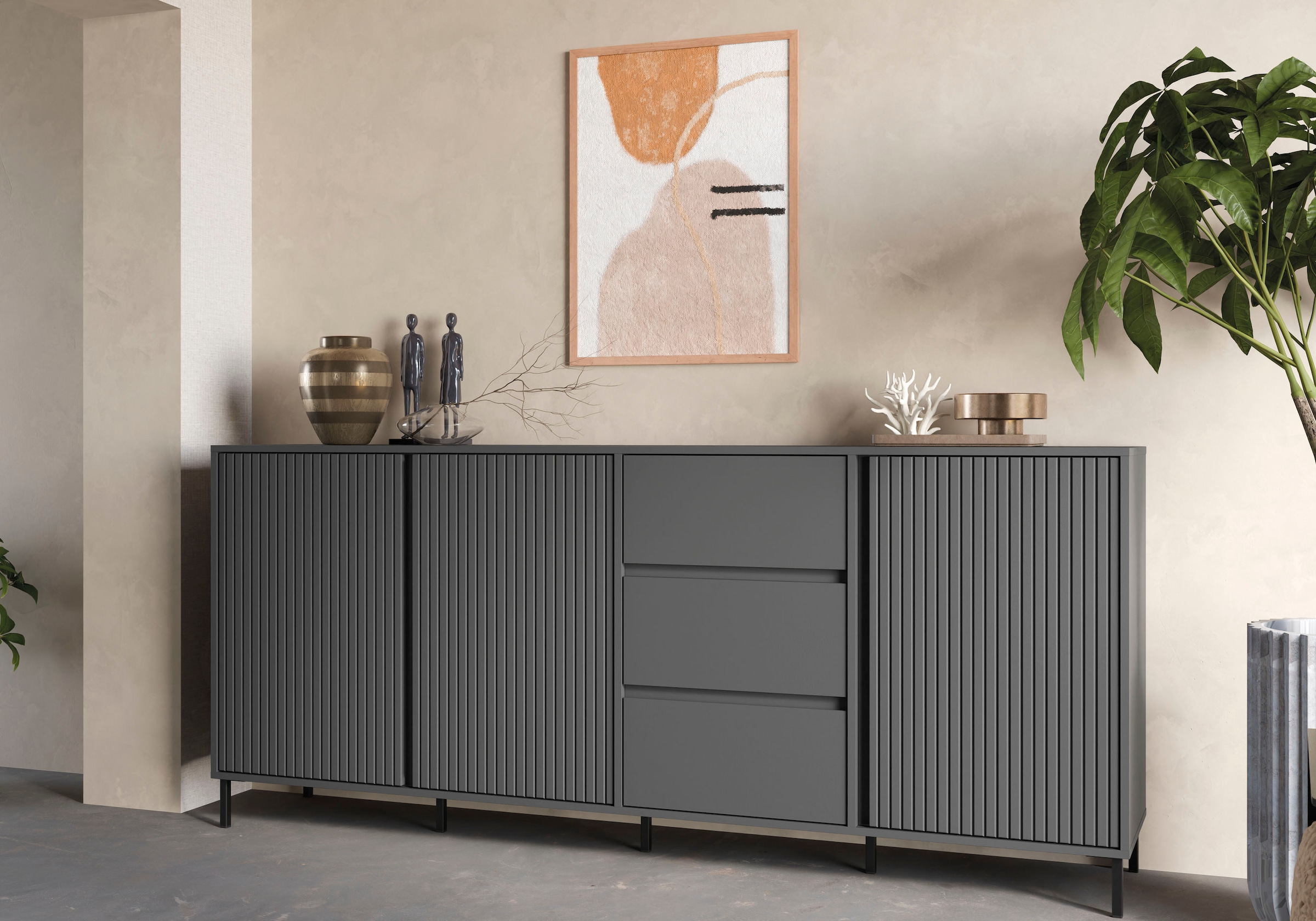 Home affaire Sideboard "viel Stauraum, Soft Close, 3 Türen und 3 Schubkasten" mit Metallfüßen, Breite 212 cm, grifflos, Fronten geriffelt