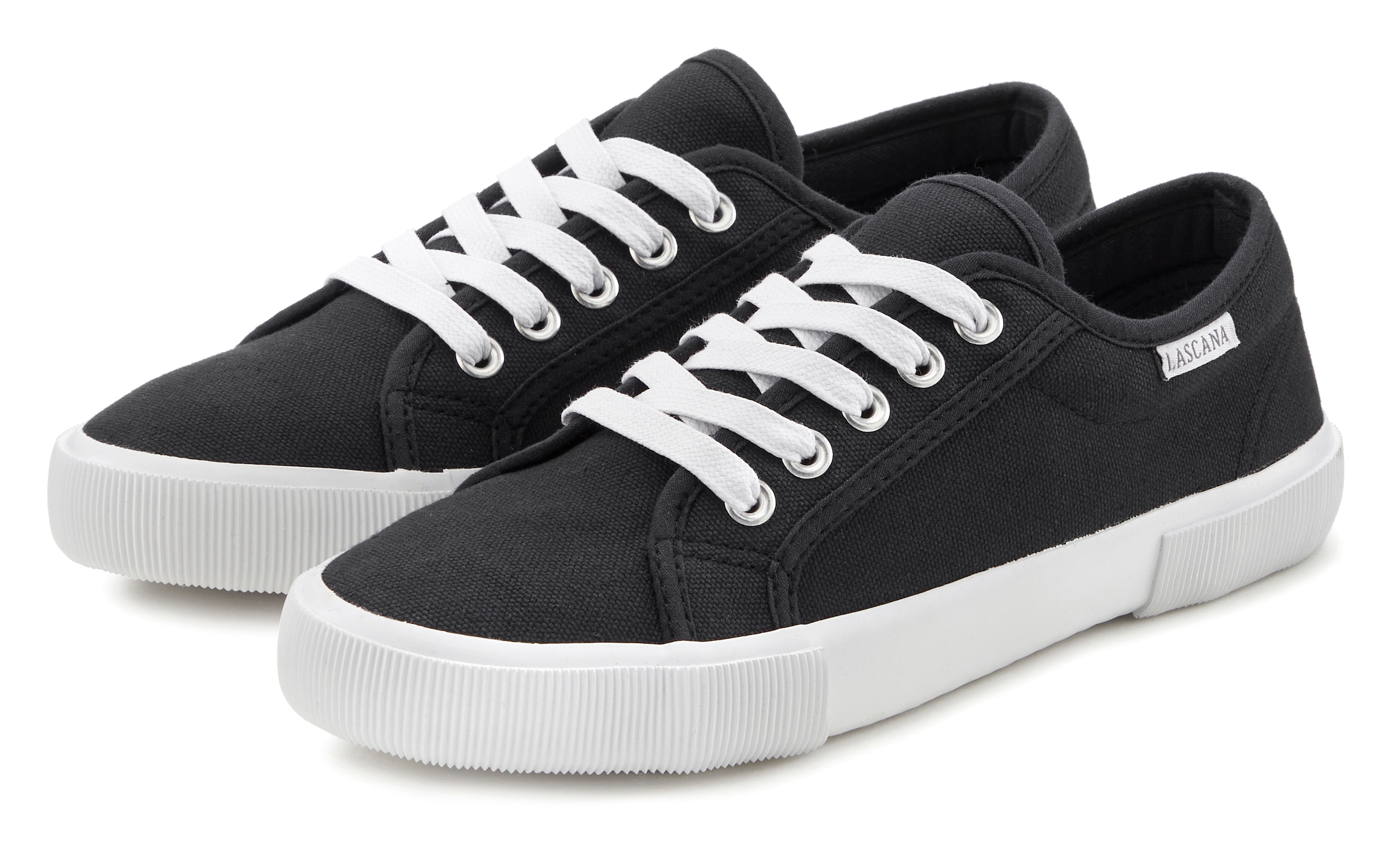 Sneaker LASCANA, Damen, Gr. 38, schwarz, Obermaterial: 100% Textilmaterial. Decksohle: 100% Textilmaterial. Futter: 100% Textilmaterial. Laufsohle: 100% Synthetik, unifarben, Basic, Schuhe Skaterschuh Canvassneaker Sneaker low, aus Textil, Schnürhalbschuh