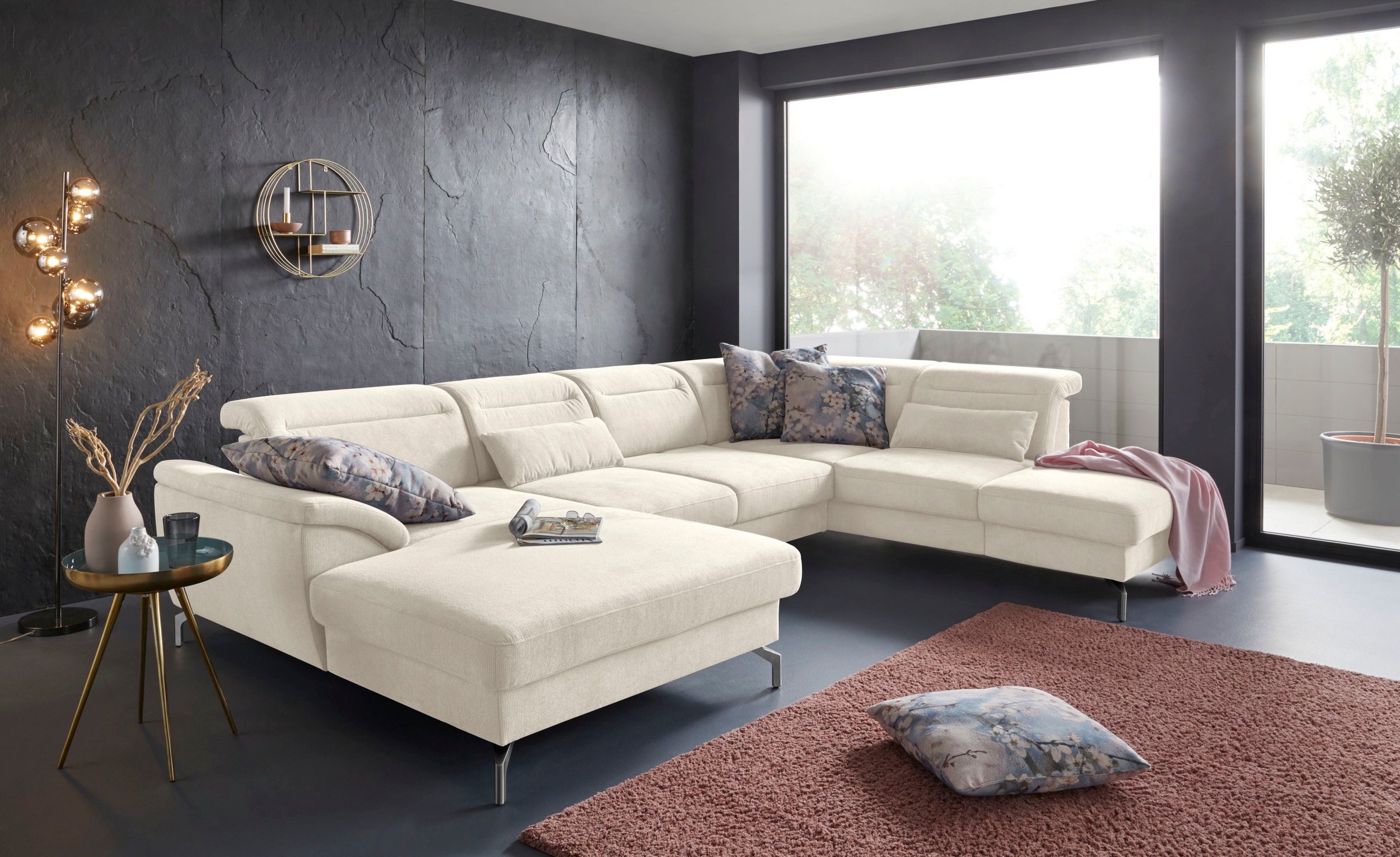 sit&more Wohnlandschaft »Percy U-Form«, 15 cm Fußhöhe, Sitztiefenverstellung, wahlweise in 2 Fußfarben