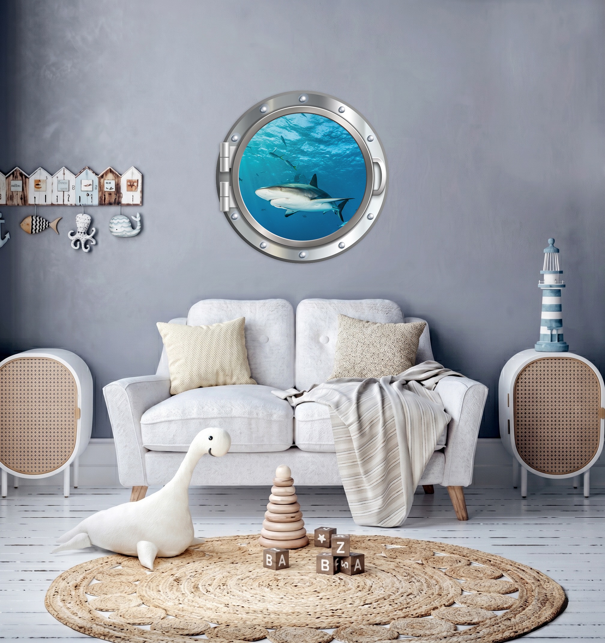queence Wandsticker "3D Bullauge Illusion Unterwasserwelt Haifisch 40x40 cm" Selbstklebender Wanddurchbruch Unterwasser