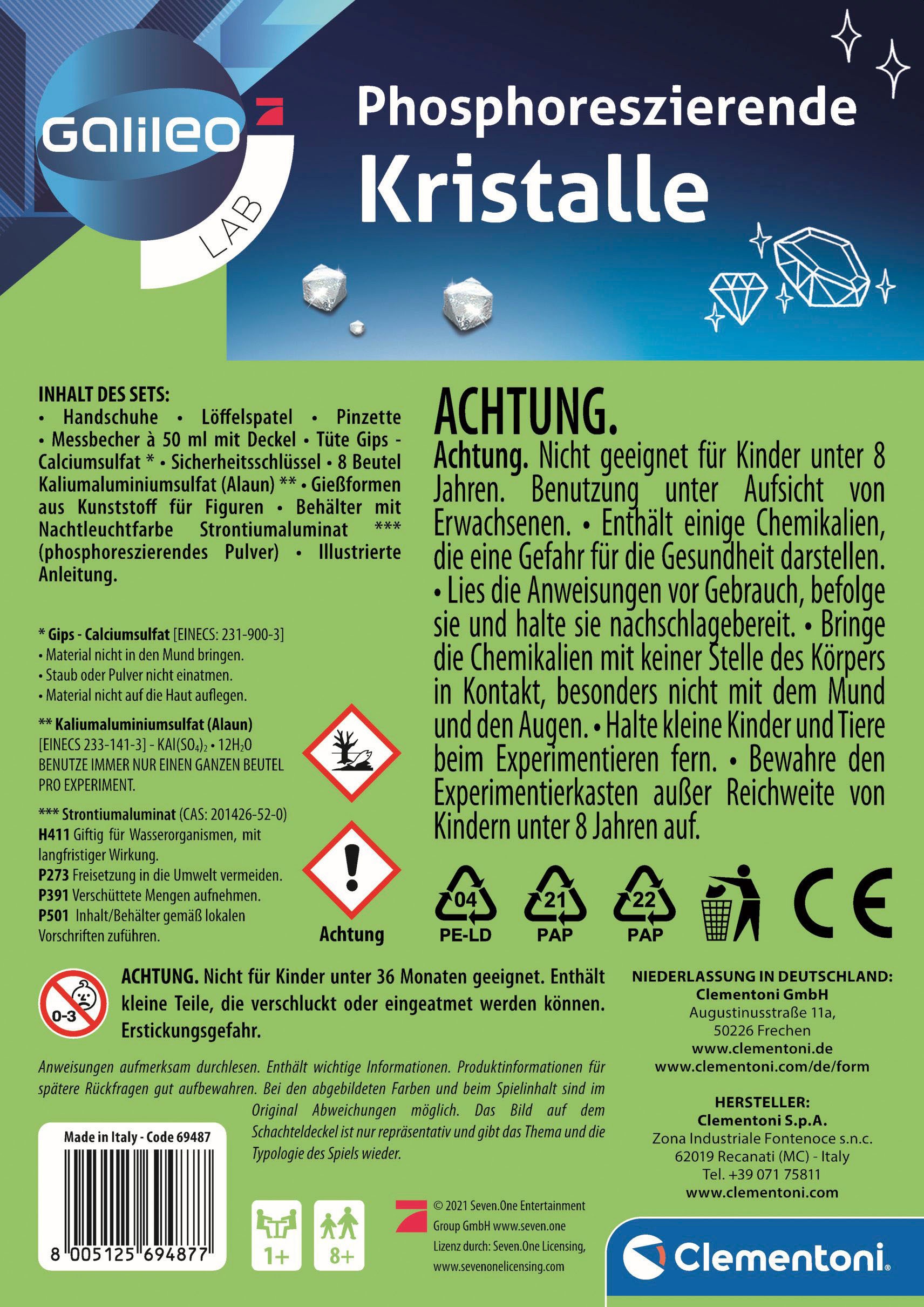 Clementoni® Experimentierkasten »Galileo, Phosphoreszierende Kristalle«, Made in Europe
