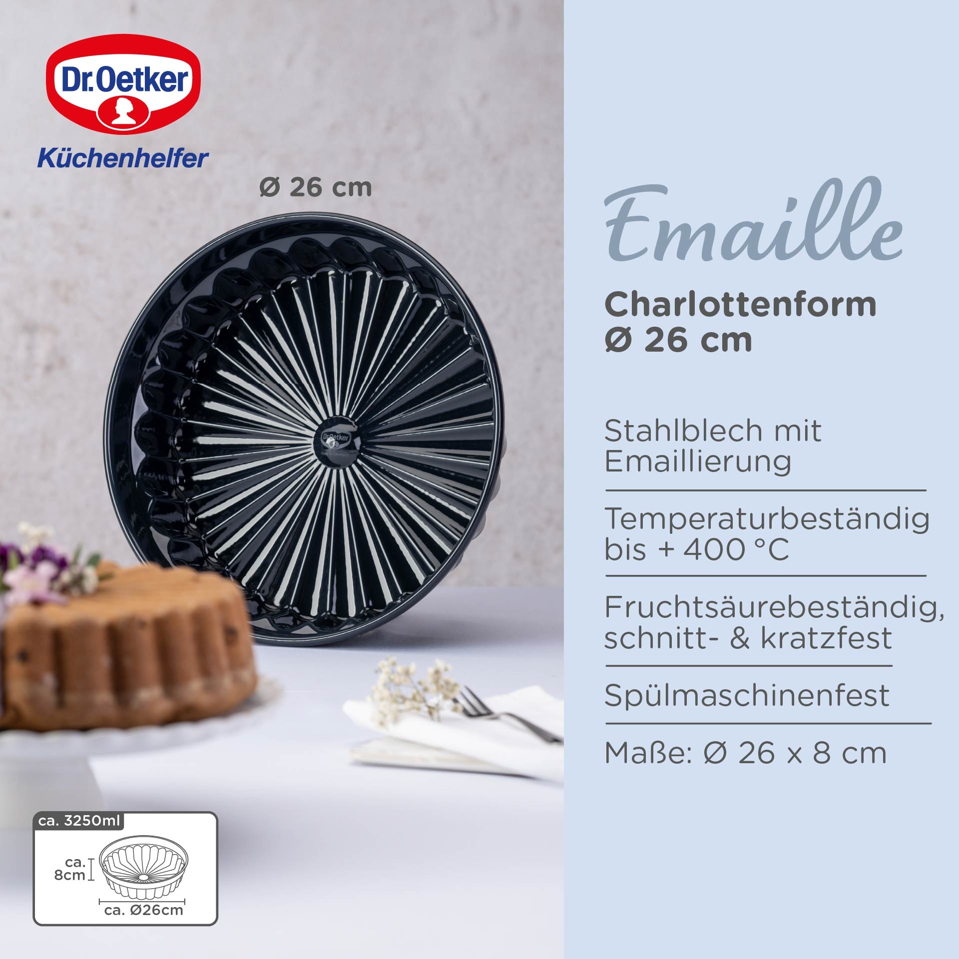 Dr. Oetker Backform »Charlottenform Back-Liebe Emaille, Ø 28 cm, ozeanblau«