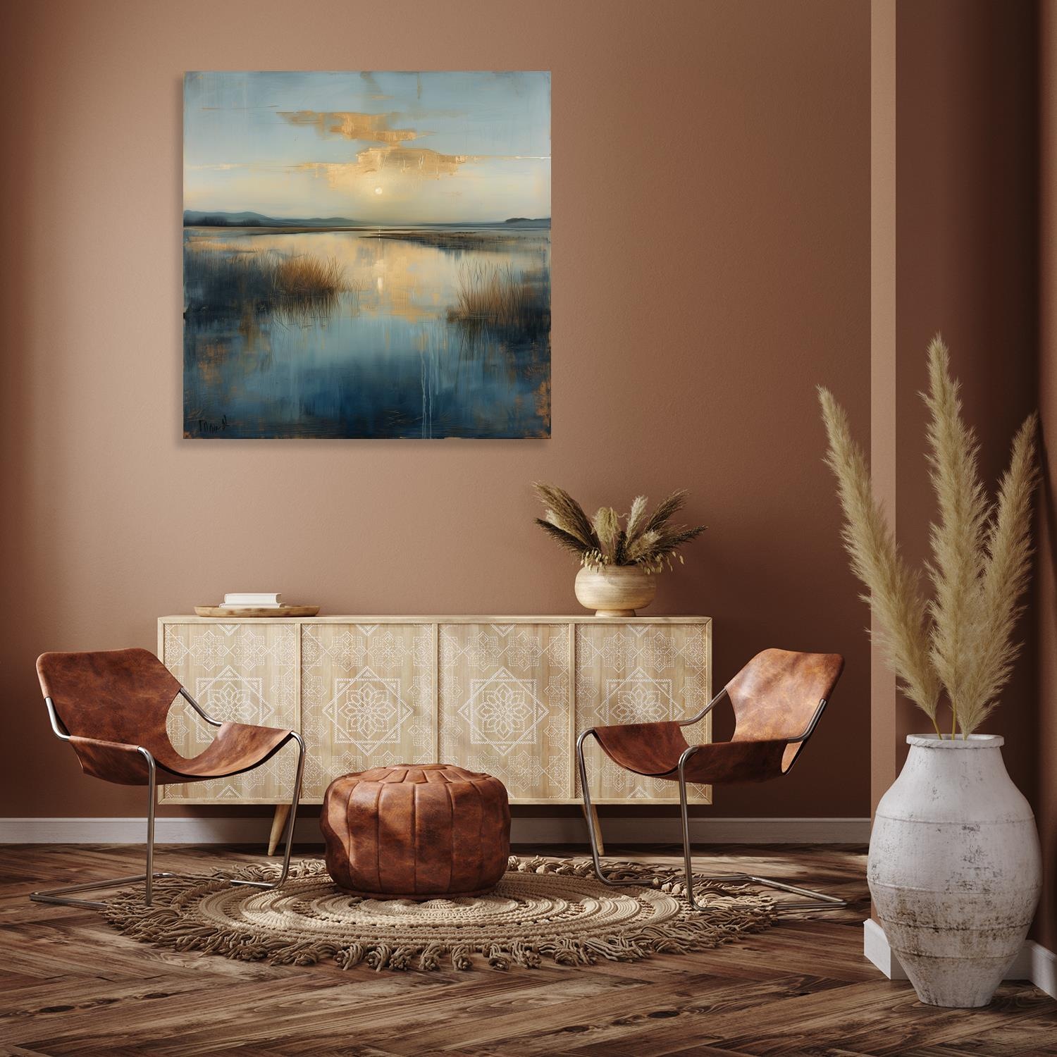 queence Acrylglasbild "Gräser im See mit goldenen Wolken" Abstrakt  Abstrak günstig online kaufen
