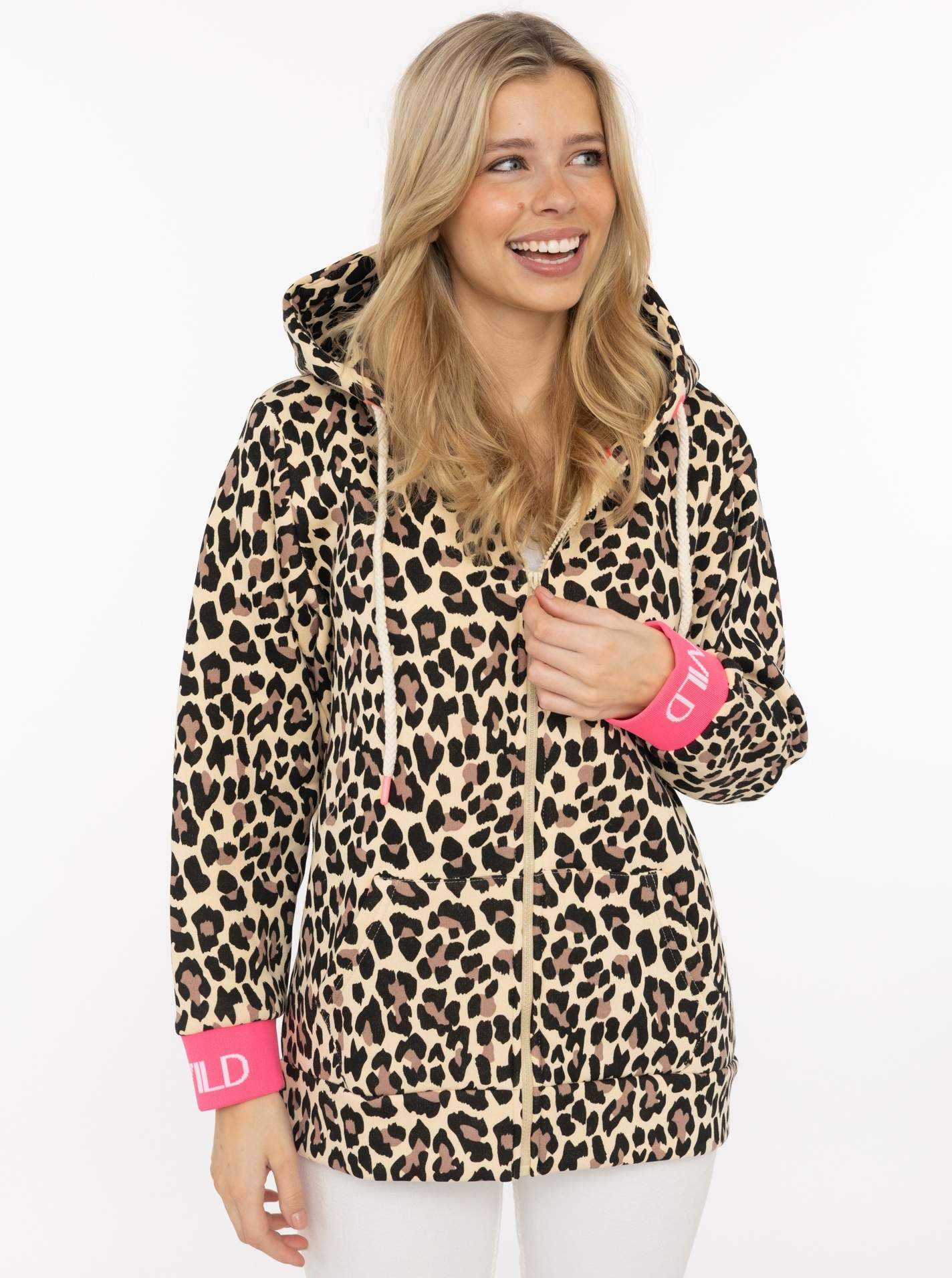 Zwillingsherz Kapuzensweatjacke ""WILD WILD"" Leomuster, Kapuze mit Kordel, Bündchen mit WILD Print, Zipper