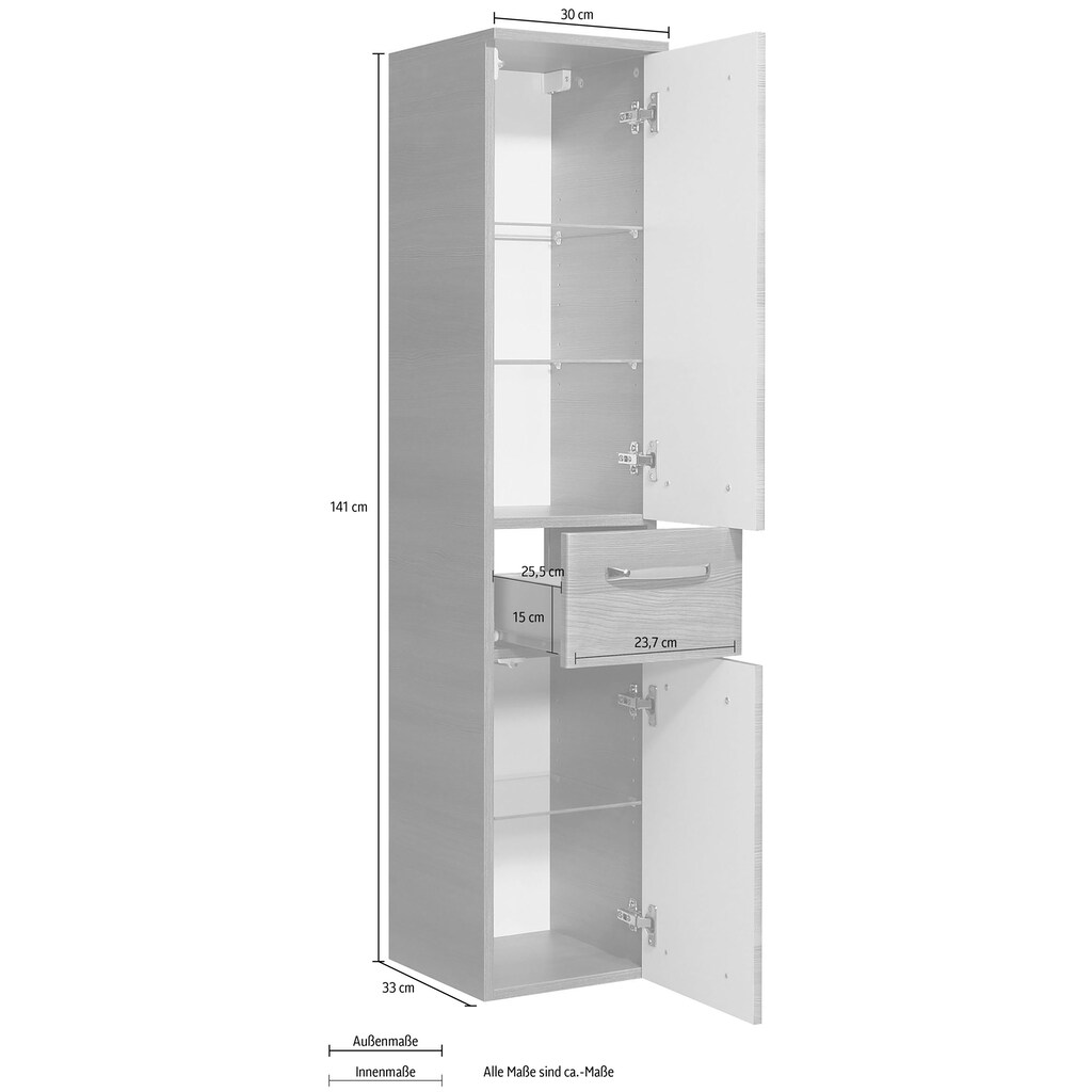 Saphir Midischrank »Quickset Badschrank 30 cm breit, 2 Türen, 1 Schublade, 3 Einlegeböden«, Badezimmer-Midischrank inkl. Türdämpfer, Griffe in Chrom glänzend