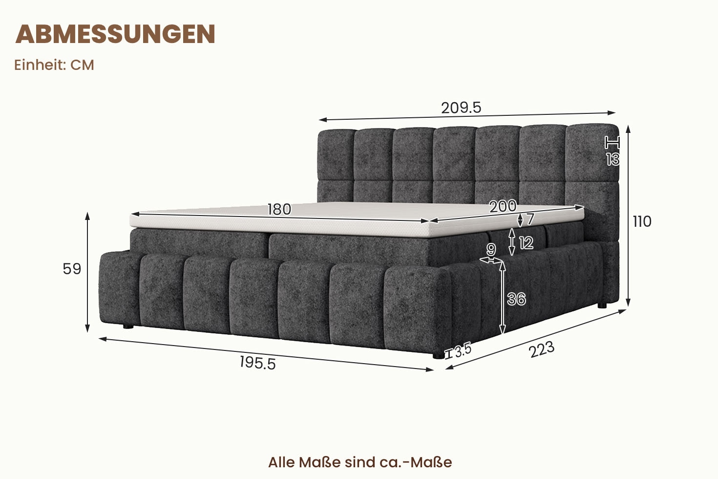 OTTO home Boxbett »AARRON, Polsterbett mit Bettkasten und Taschenfederkernmatratze (H3)« 180x200cm Liegefläche, Komfortschaumtopper (7cm)
