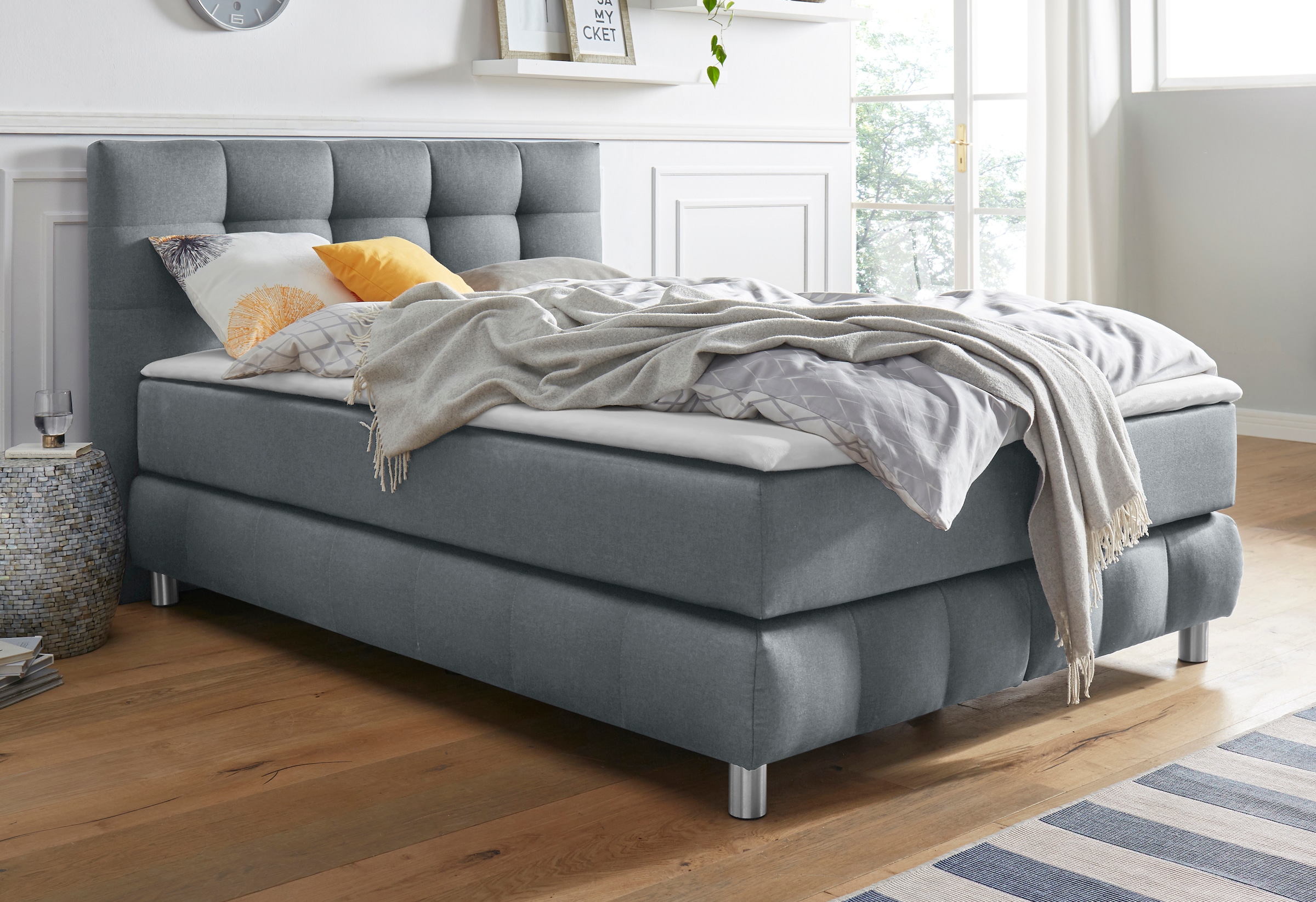 Boxspringbett HOME AFFAIRE "Salo", grau, B:134cm L:211cm, Struktur (100% Polyester);Bezug der Spiegelfläche Matratzendrell aus 100% Polyester;Samtoptik (100% Polyester), Komplettbetten, Boxspringbett, incl. Topper, 6 Breiten, 2 Härtegrade, TFK auch in Här 7