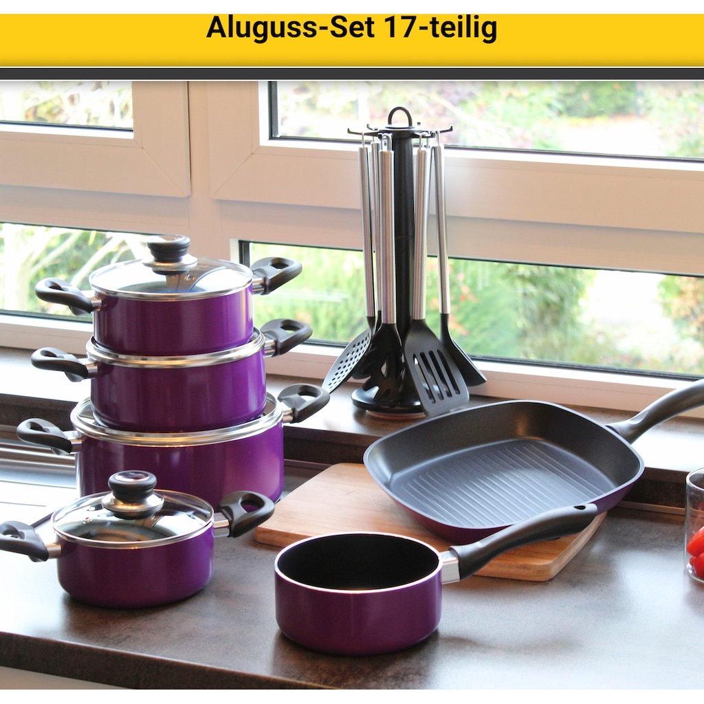 Krüger Topf-Set »Aluguss Topf- und Pfannenset inkl. praktischen Küchenhelfern, 17 tlg.«, Aluminiumguss, (Set, 17 tlg., Fleischtopf 16/18/20/24cm, Stieltopf 16cm Steakpfanne 7 T.Küchenhelfer)