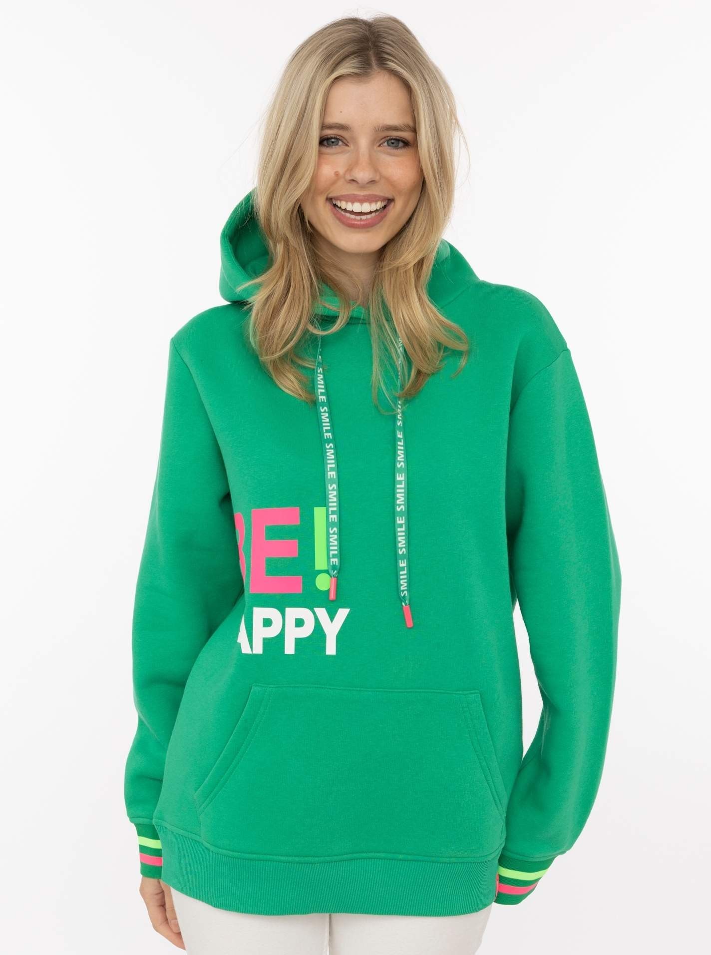 Zwillingsherz Hoodie ""Be Happy"", gestreifte Bündchen, Aufdruck auf Brust, Kapuze, Kängurutasche
