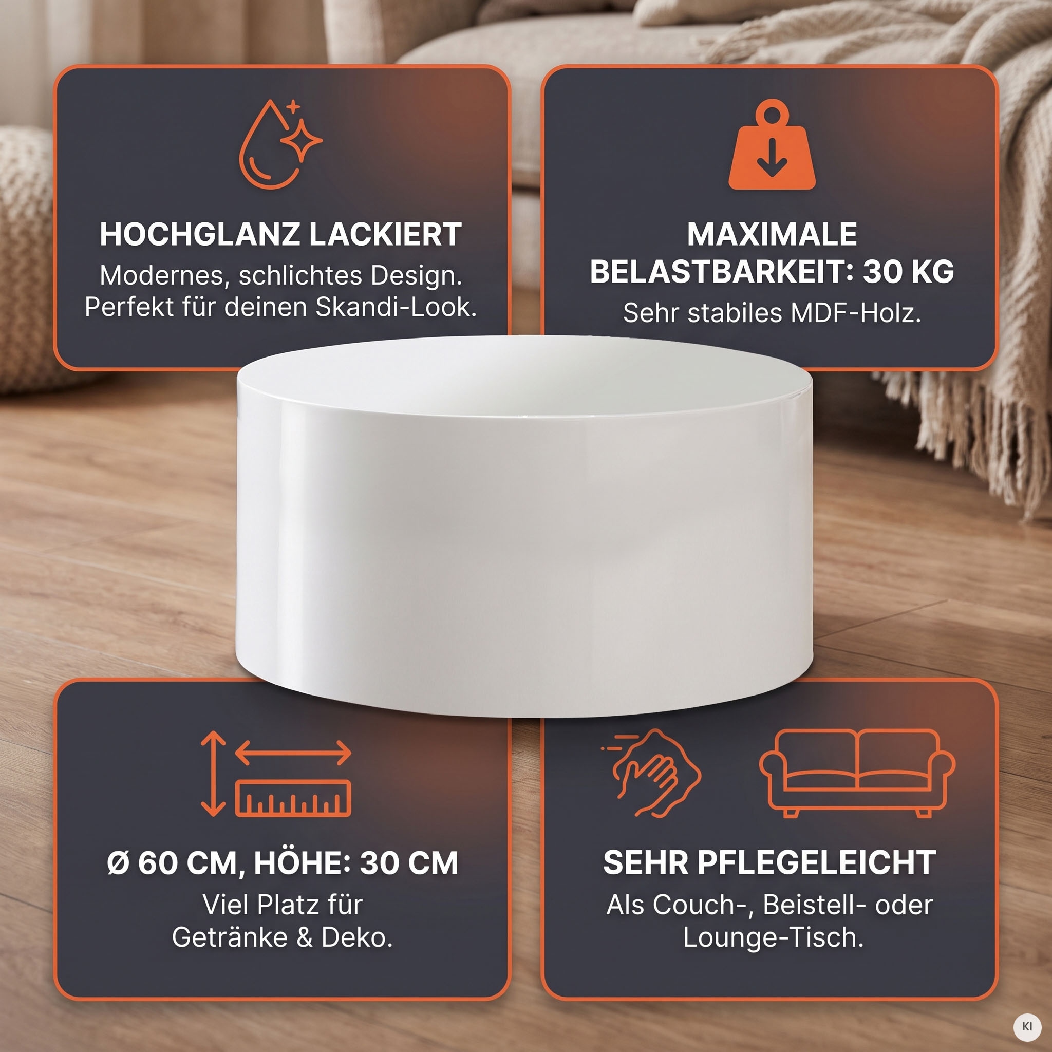 SalesFever Couchtisch »Design-Couchtisch Hochglanz weiß, Ø 60 cm« Moderner Wohnzimmertisch aus Holz Hochglanz lackiert