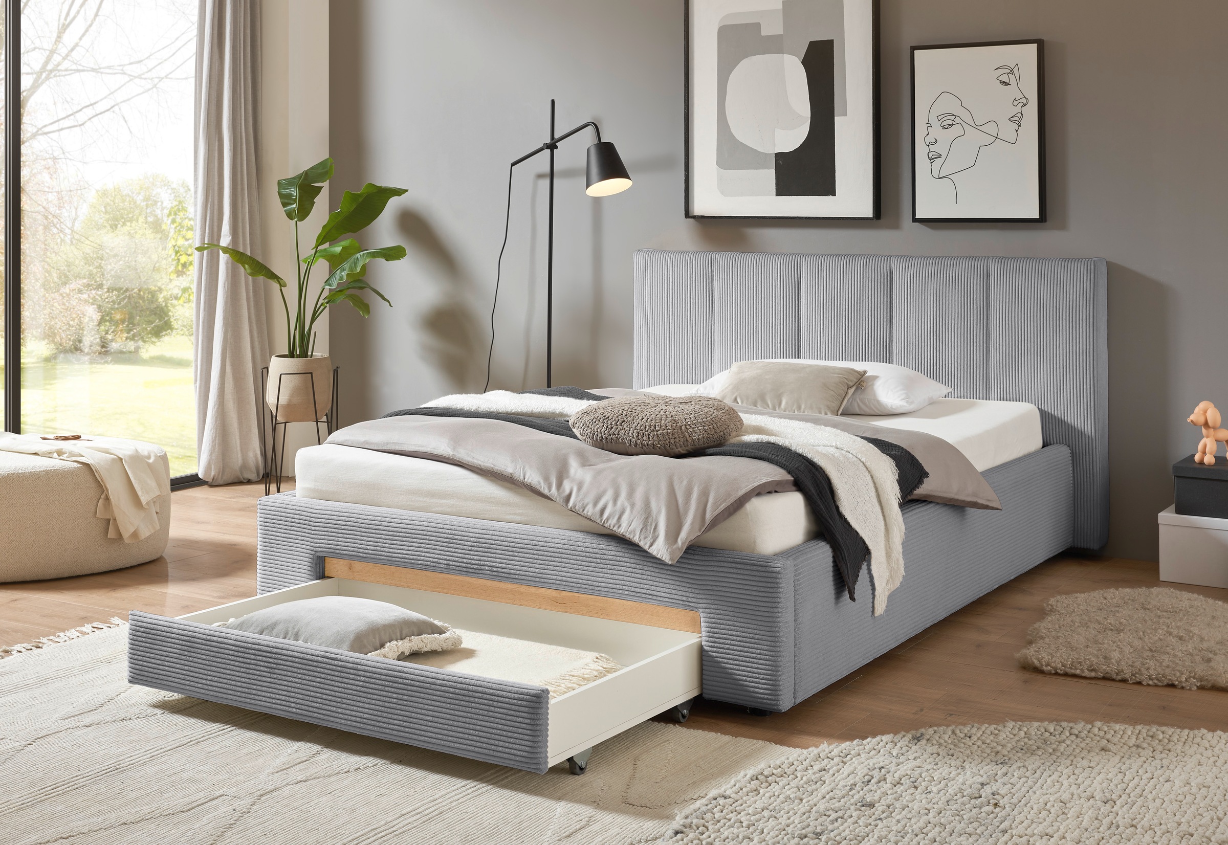 INOSIGN Polsterbett »CiTY/GiRON, Bettgestell mit Bettkasten, gepolstertes Stauraumbett«, mit Hundebett oder Stauraumschublade, Bezug Cord-oder Leinenoptik