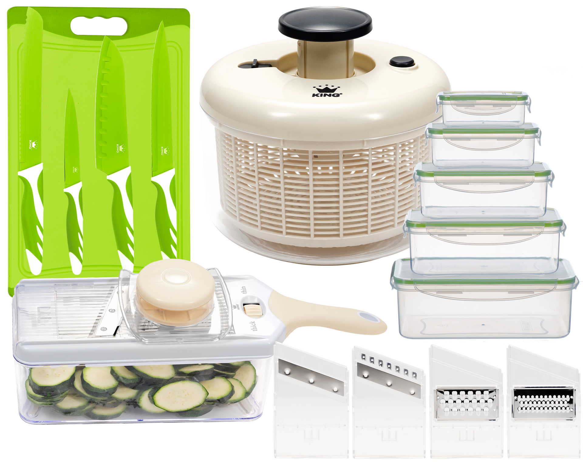 KING Salatschleuder "Fitness-Set" Pumpmechanik, 4.2 L Behälter, 3.2 L Korb, Reibe mit Behälter 4 Klingen